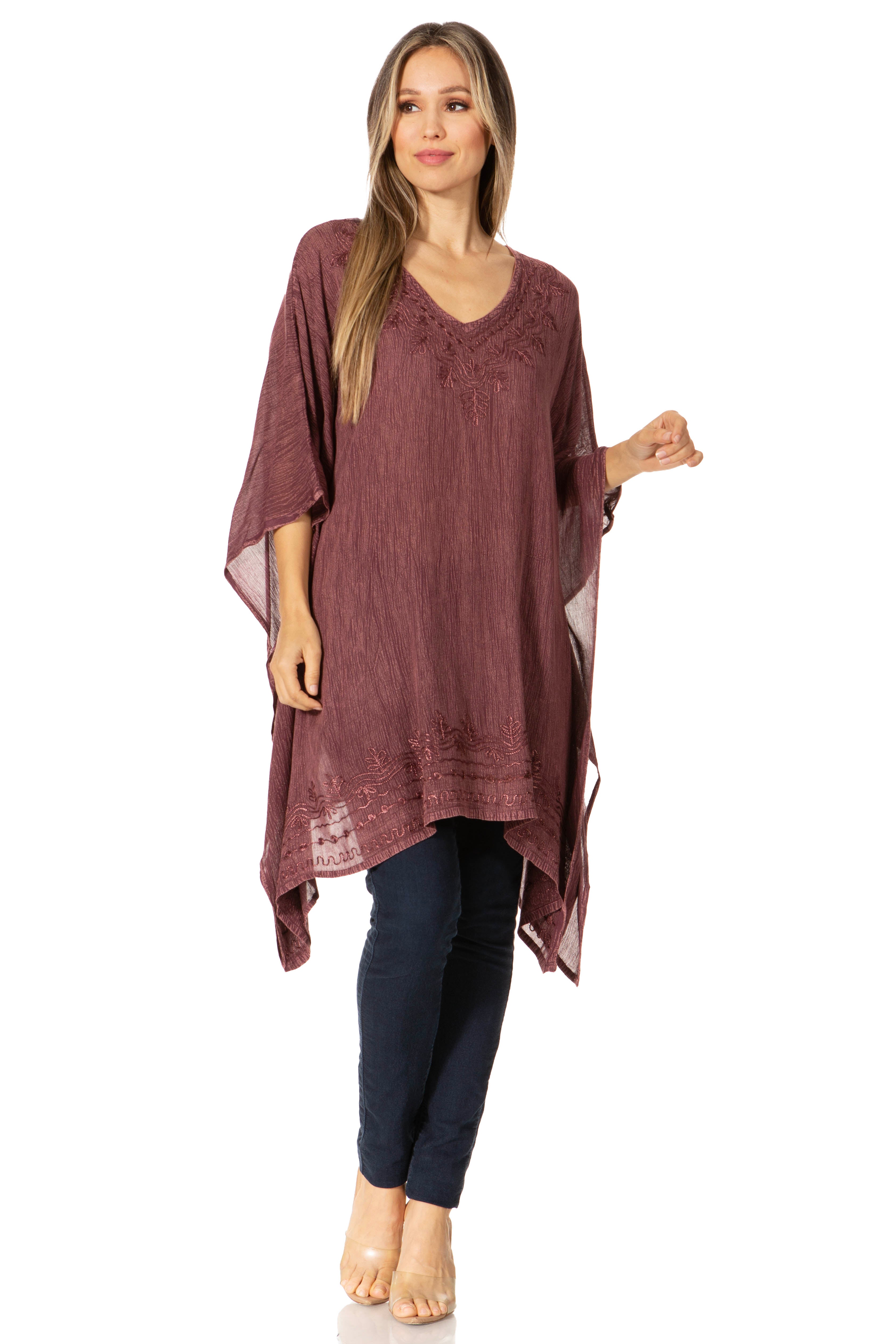 Sakkas - Wren Lightweight Circle Poncho Top Blouse With Detailed Embroidery