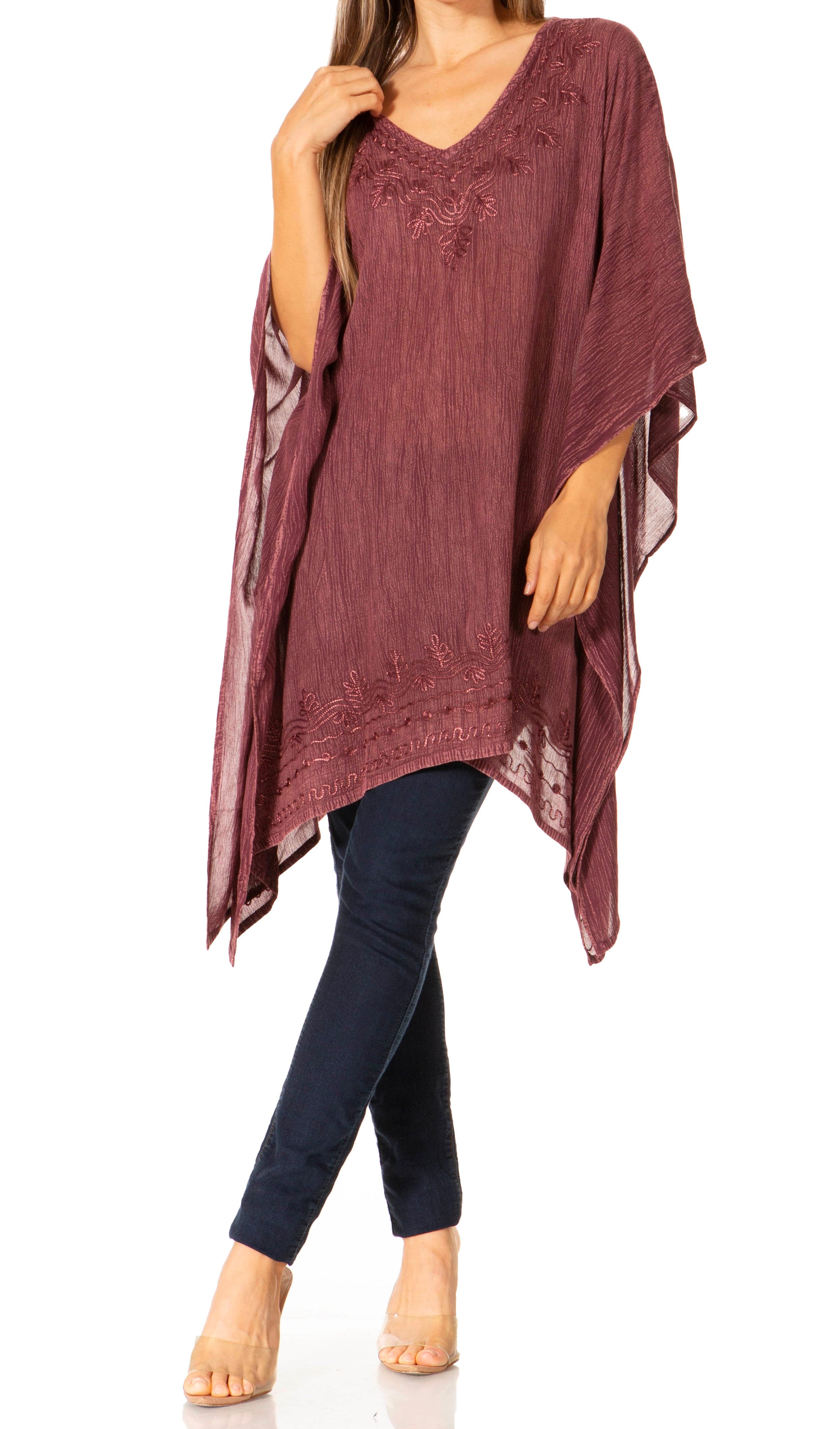 Sakkas - Wren Lightweight Circle Poncho Top Blouse With Detailed Embroidery