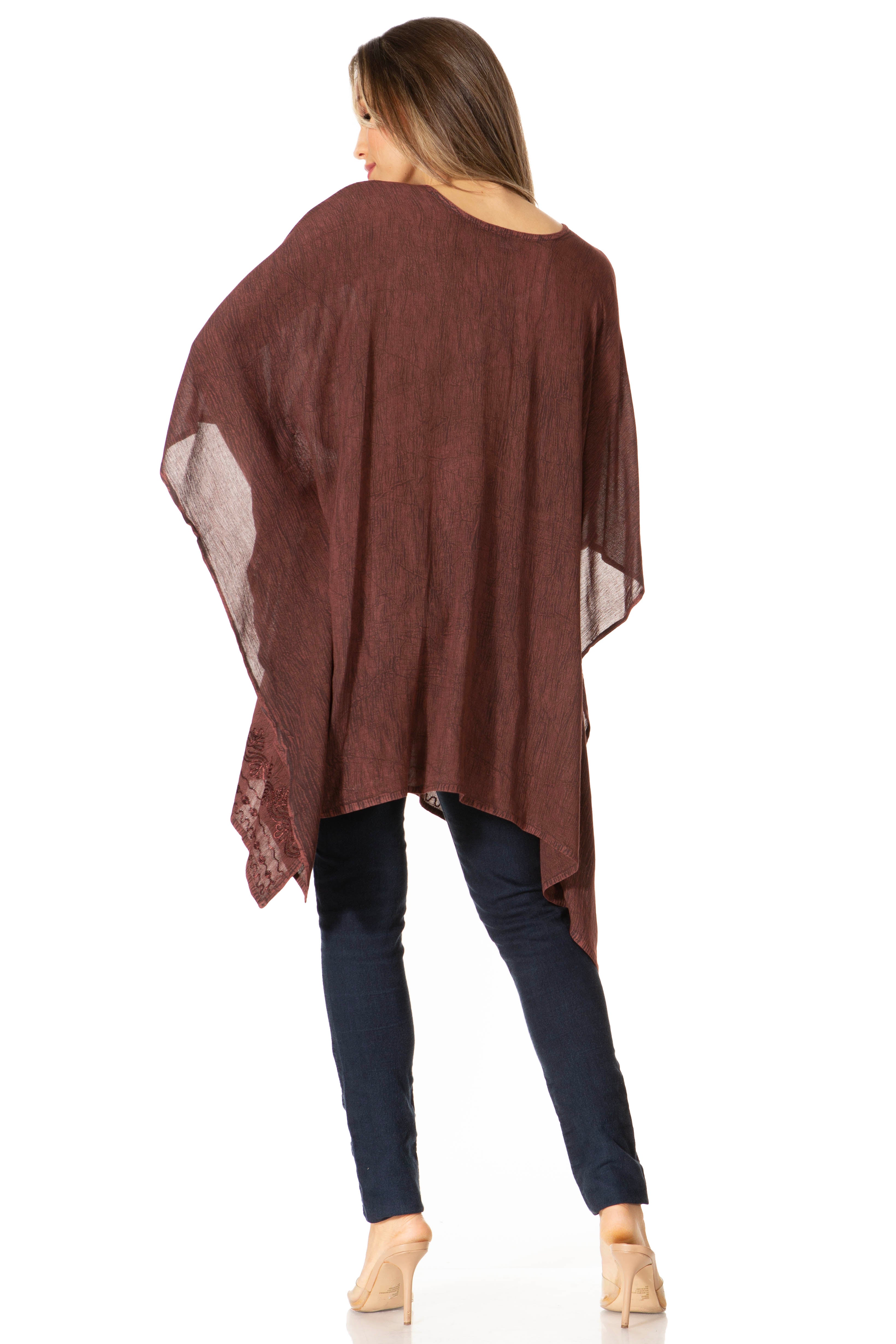 Sakkas - Wren Lightweight Circle Poncho Top Blouse With Detailed Embroidery