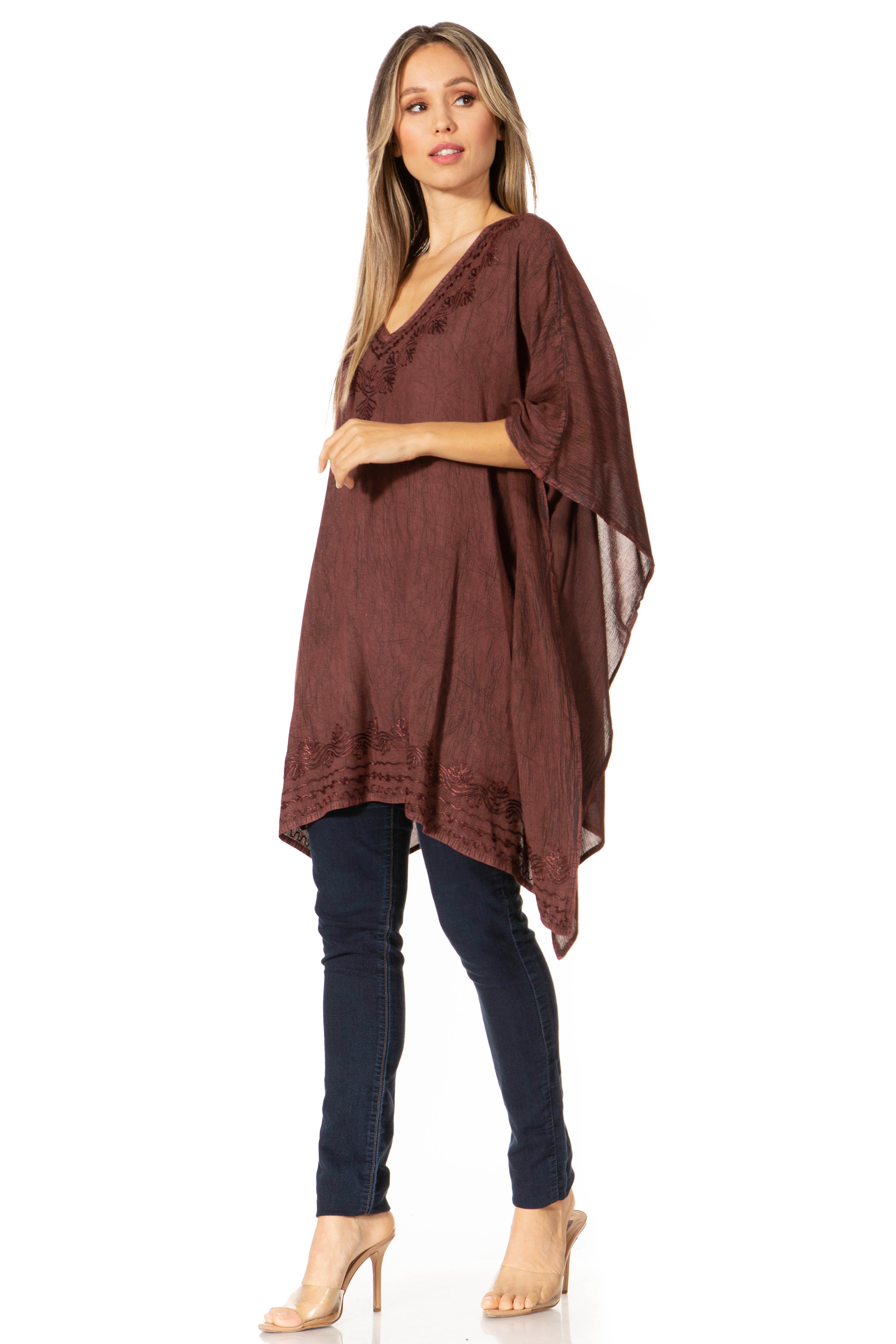 Sakkas - Wren Lightweight Circle Poncho Top Blouse With Detailed Embroidery