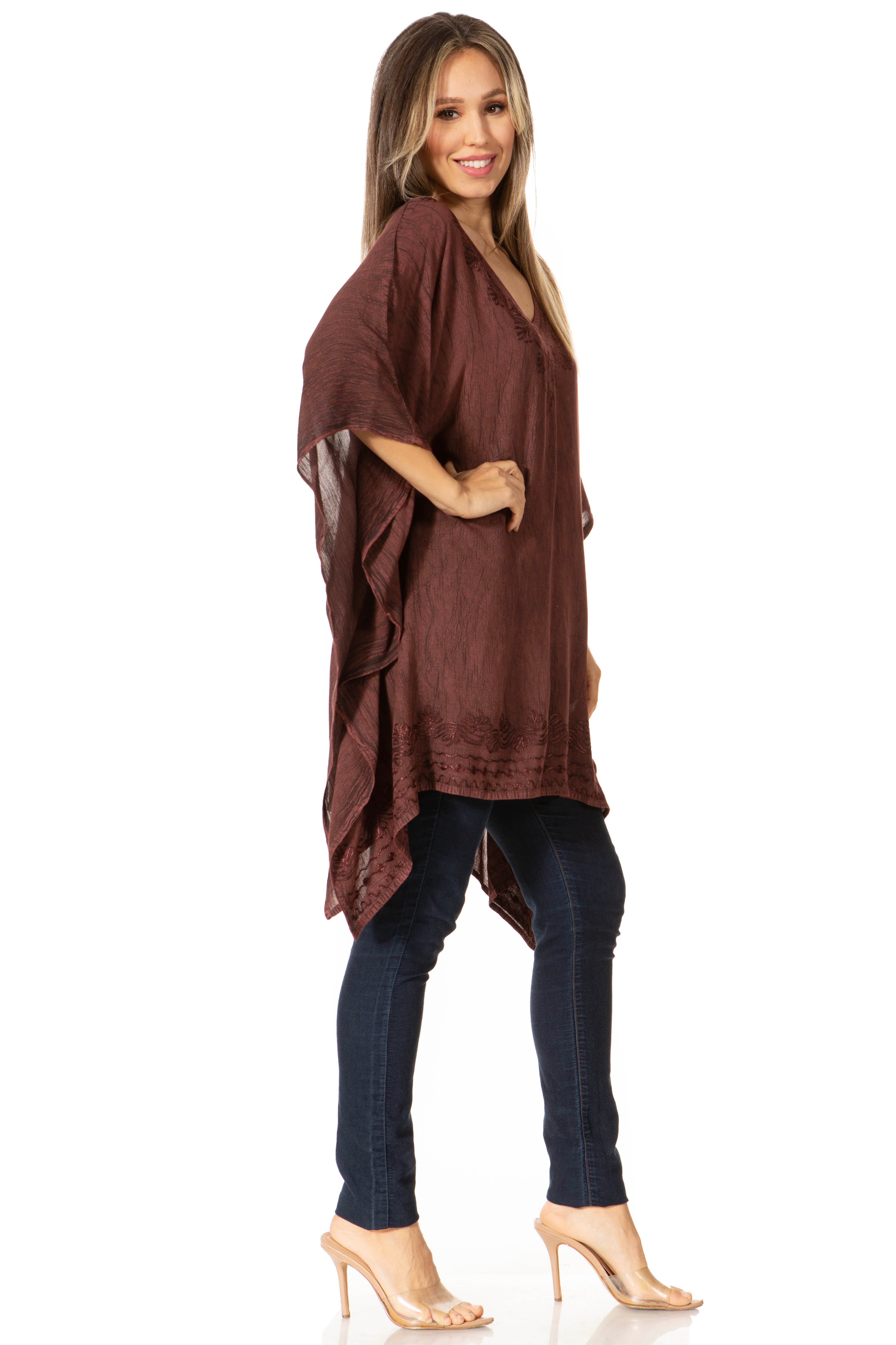 Sakkas - Wren Lightweight Circle Poncho Top Blouse With Detailed Embroidery