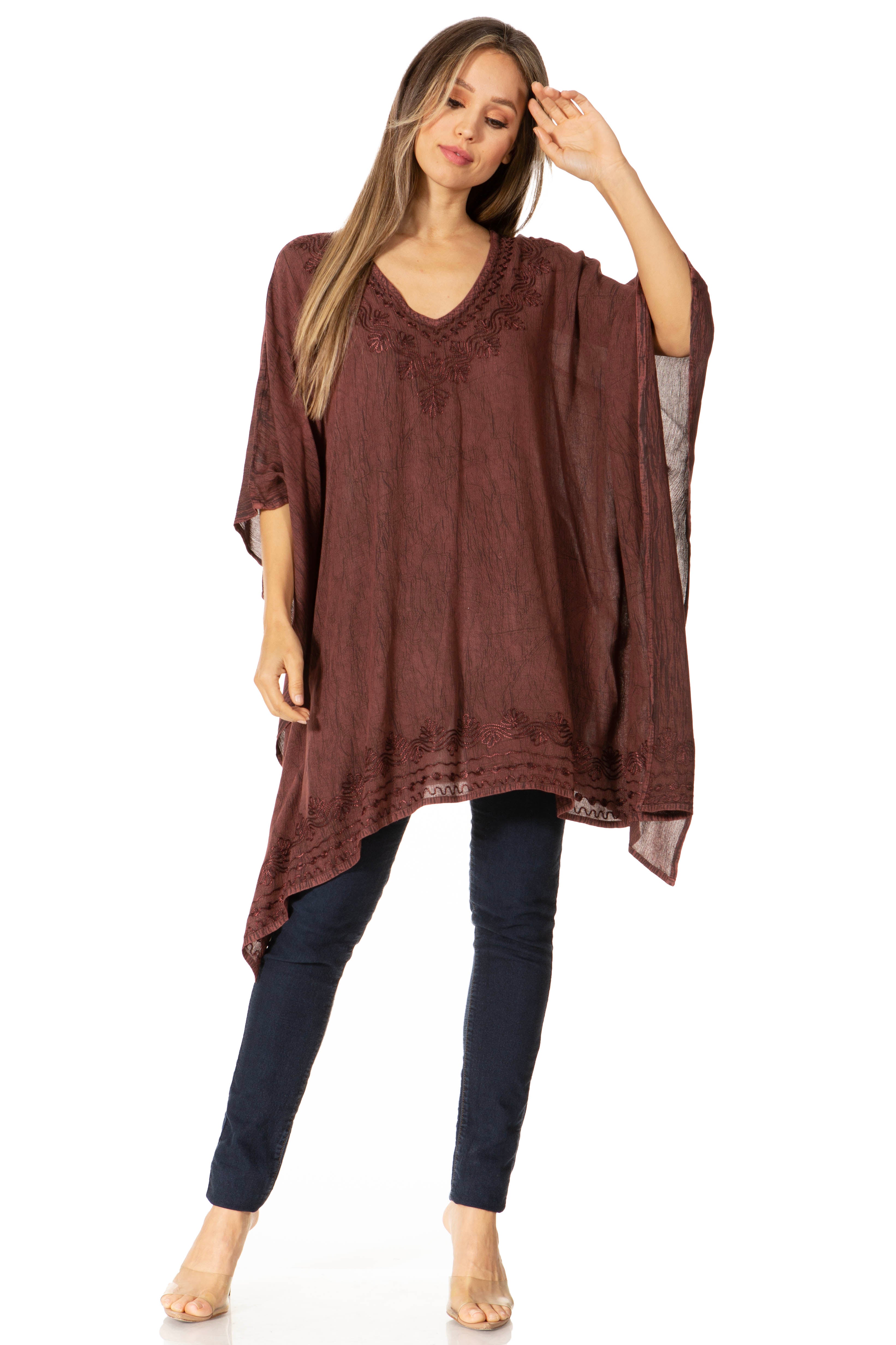 Sakkas - Wren Lightweight Circle Poncho Top Blouse With Detailed Embroidery