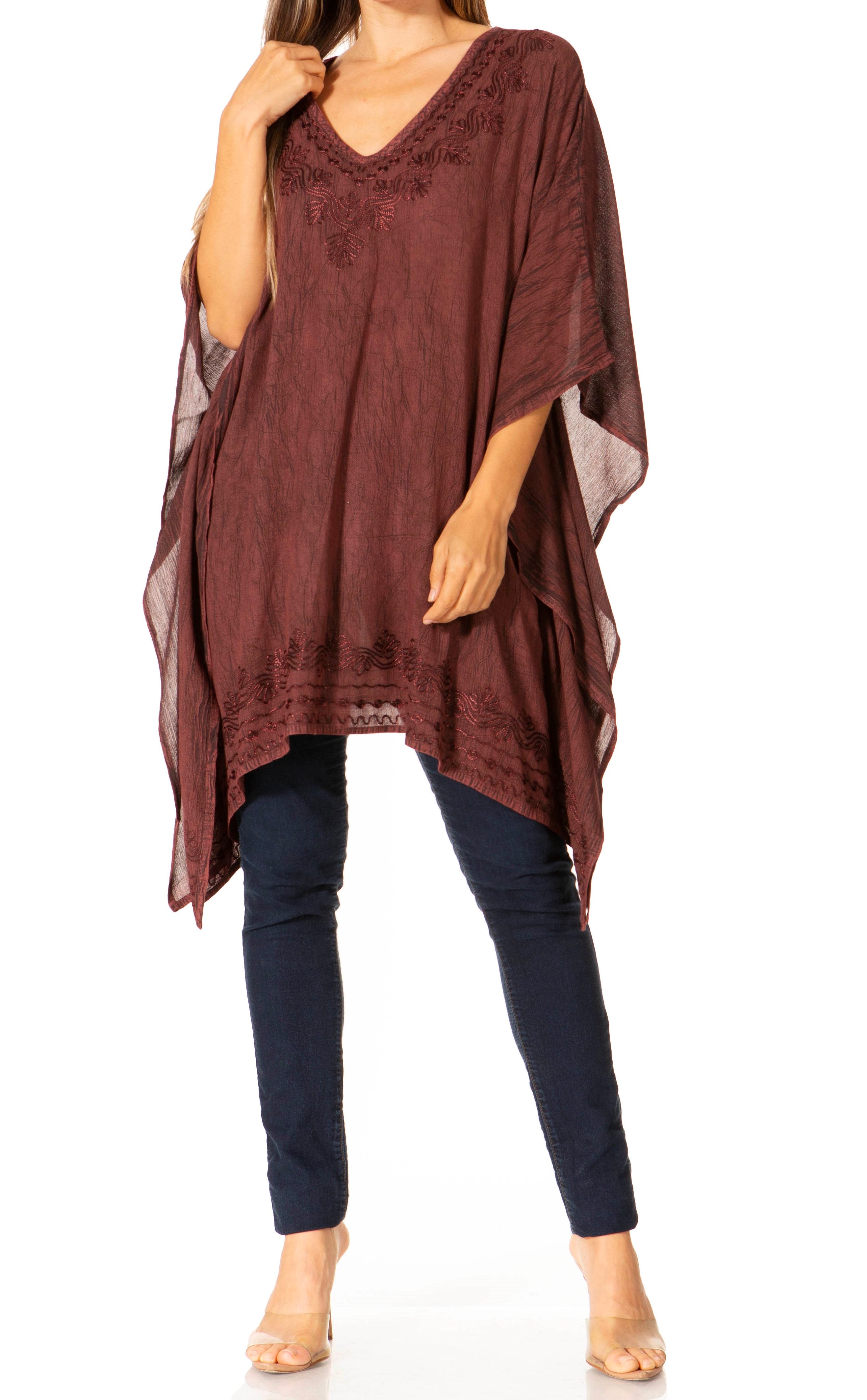 Sakkas - Wren Lightweight Circle Poncho Top Blouse With Detailed Embroidery