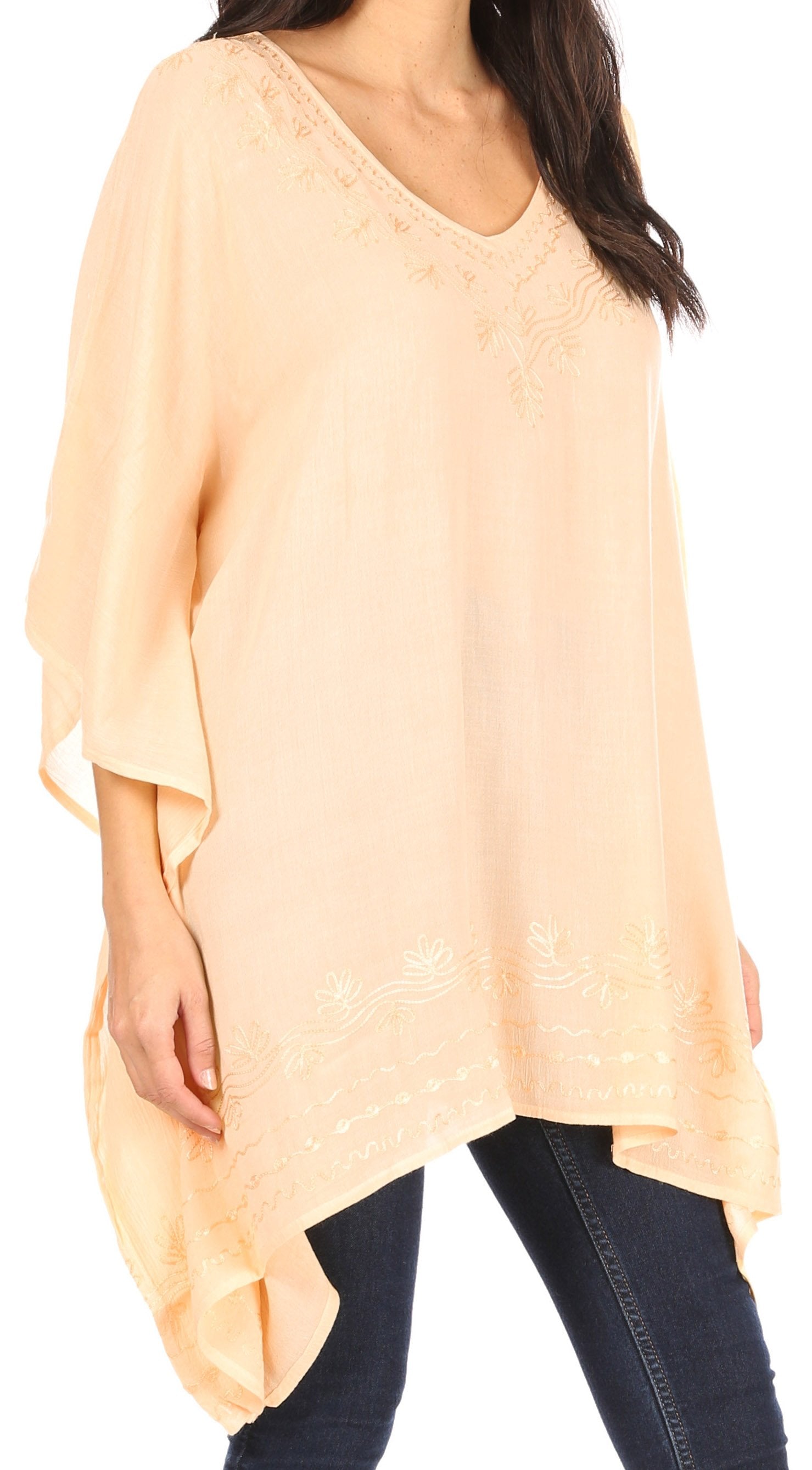 Sakkas - Wren Lightweight Circle Poncho Top Blouse With Detailed Embroidery