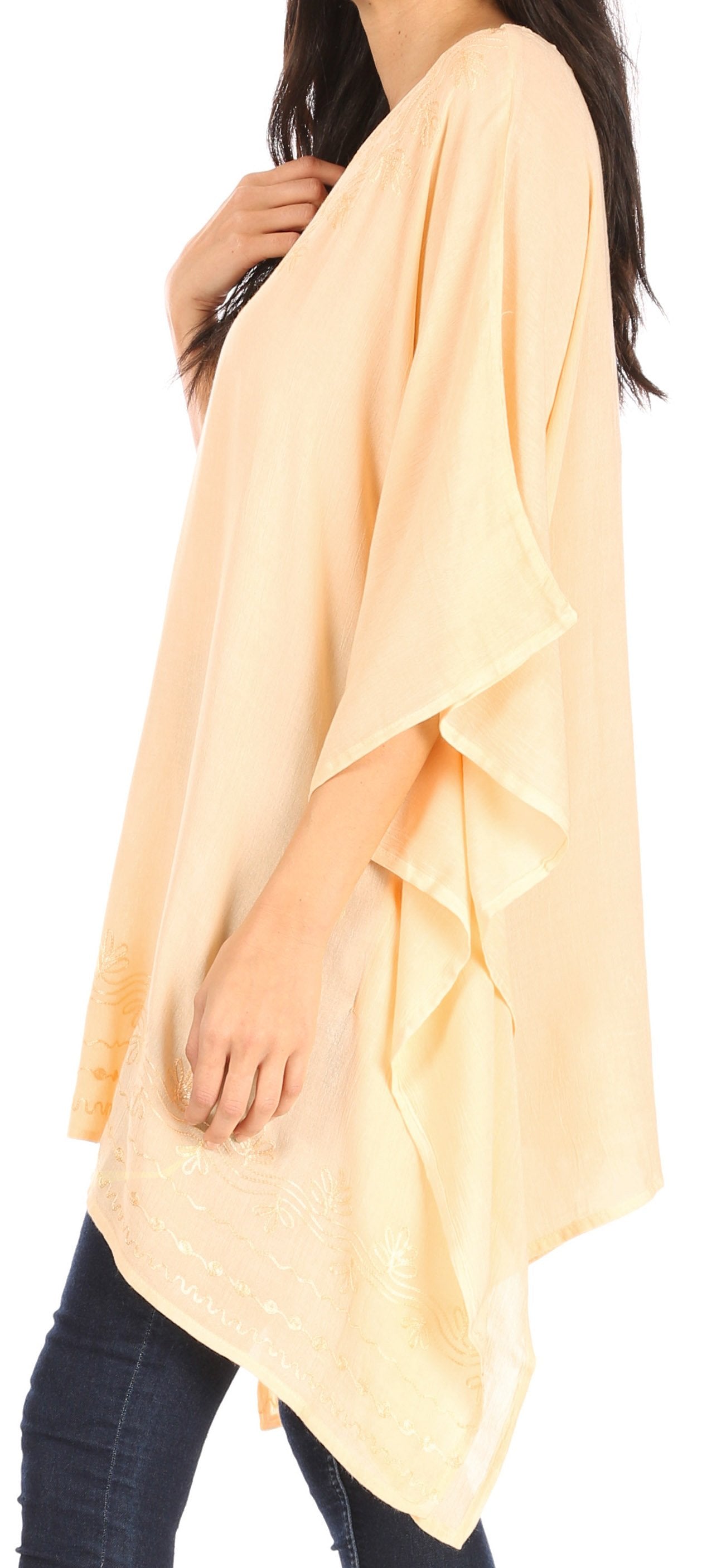 Sakkas - Wren Lightweight Circle Poncho Top Blouse With Detailed Embroidery