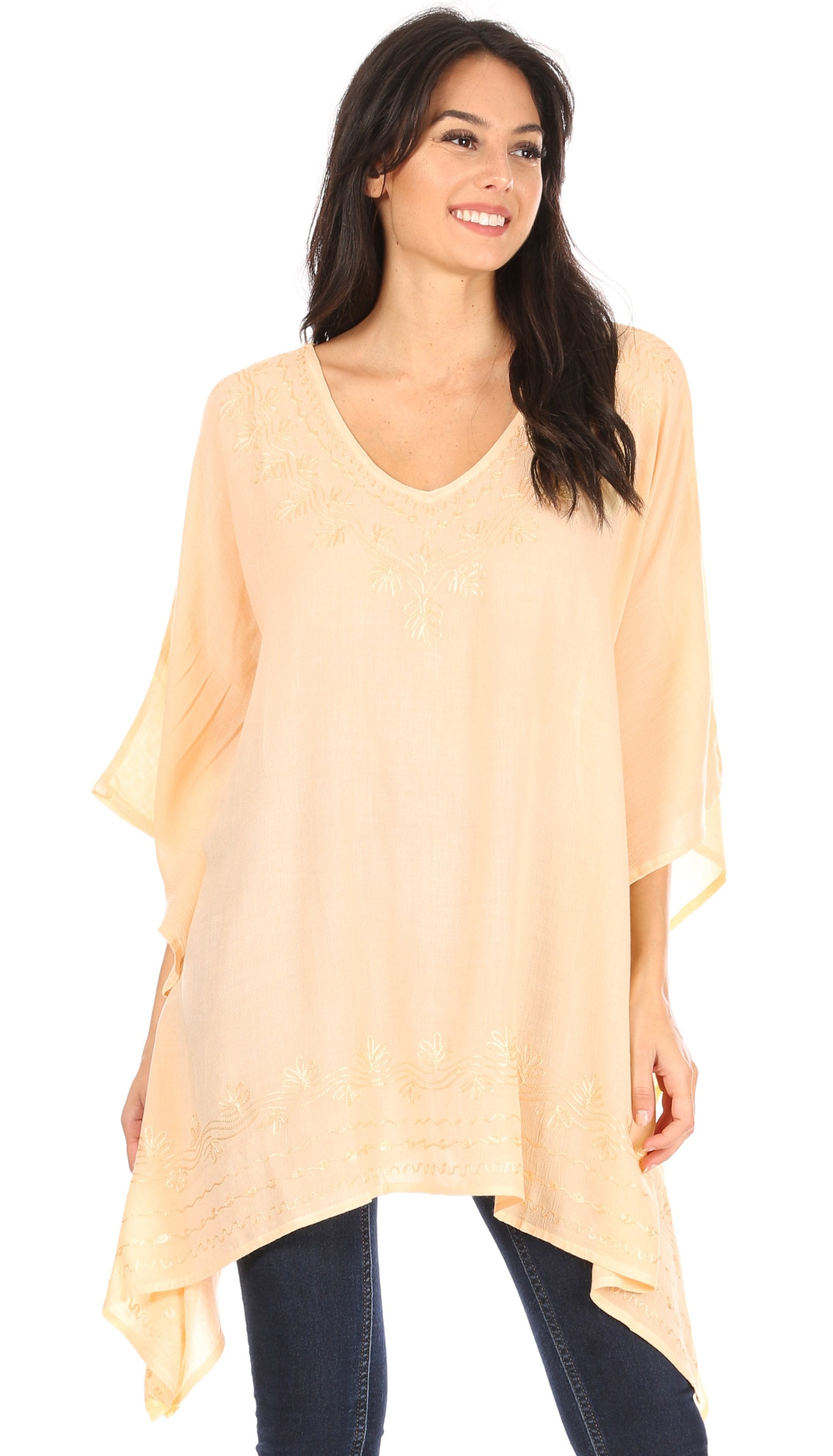 Sakkas - Wren Lightweight Circle Poncho Top Blouse With Detailed Embroidery