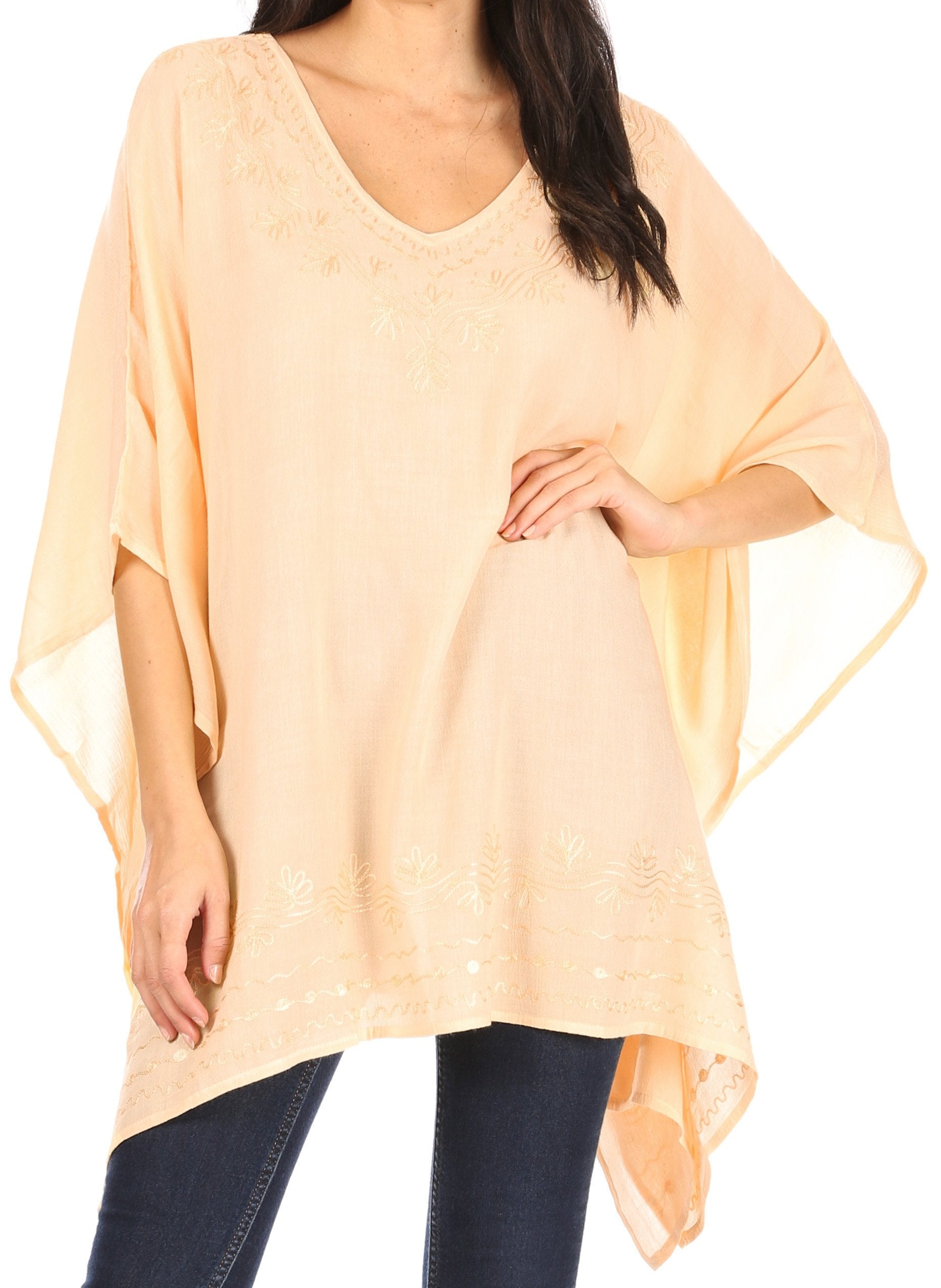 Sakkas - Wren Lightweight Circle Poncho Top Blouse With Detailed Embroidery