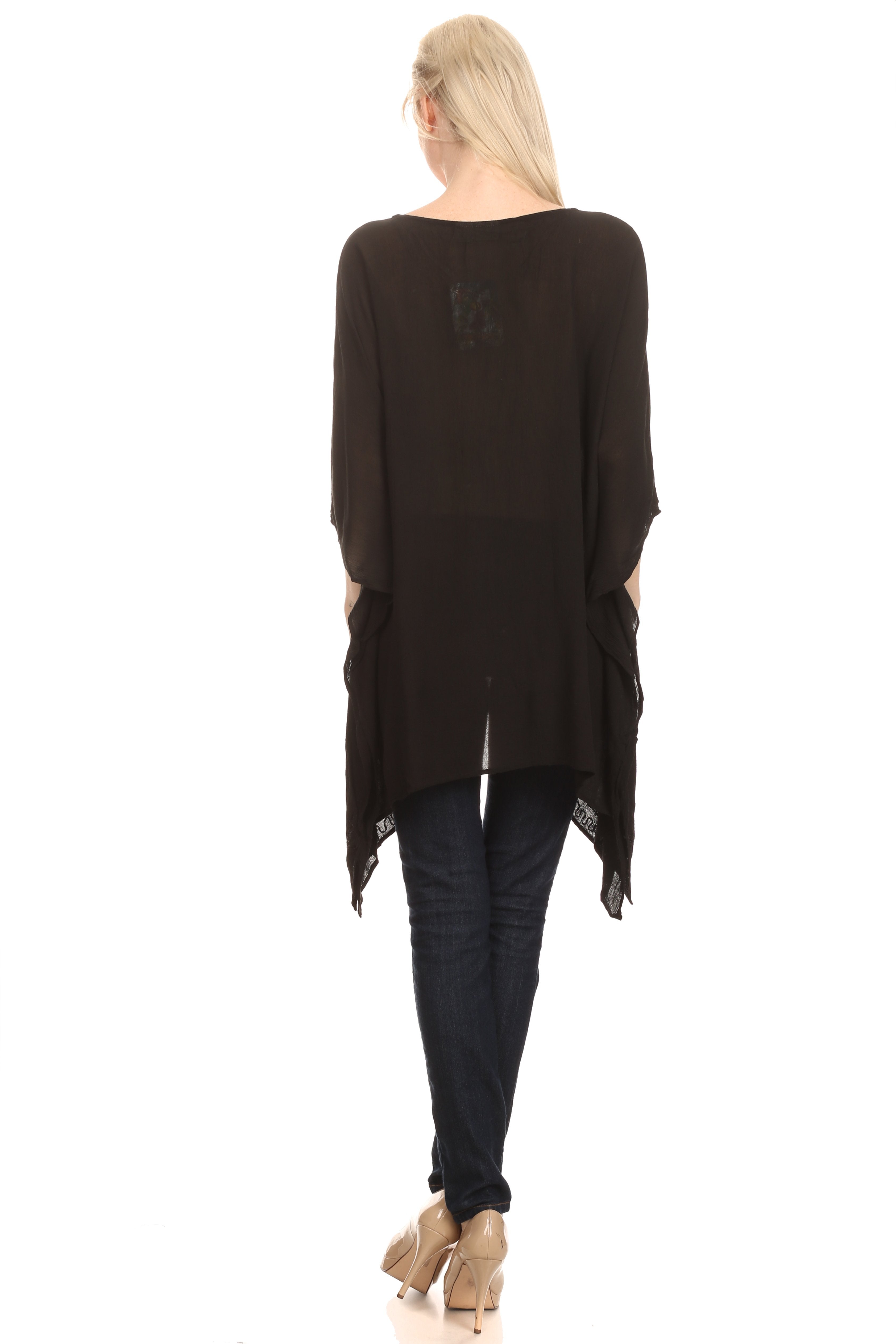 Sakkas - Wren Lightweight Circle Poncho Top Blouse With Detailed Embroidery