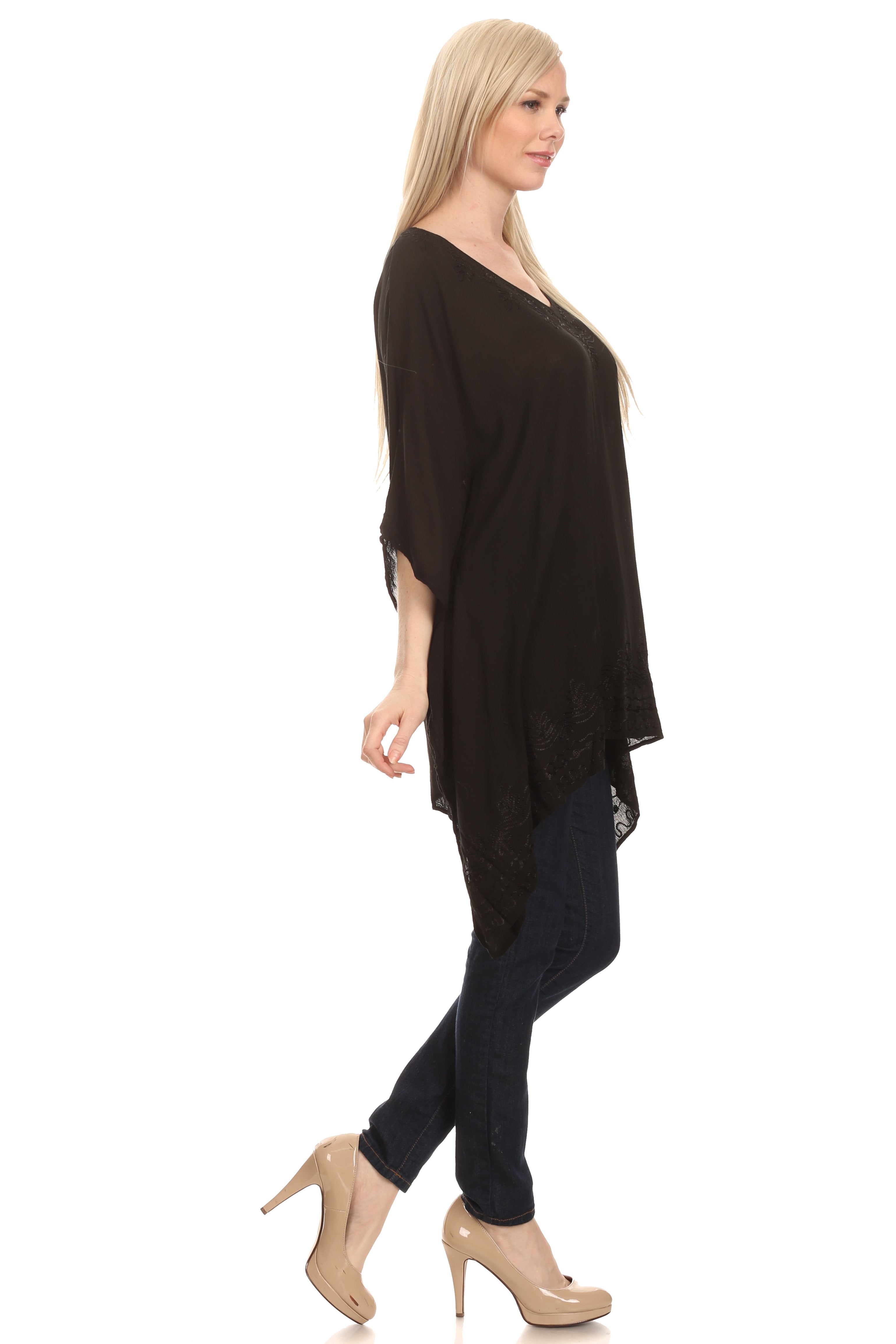 Sakkas - Wren Lightweight Circle Poncho Top Blouse With Detailed Embroidery