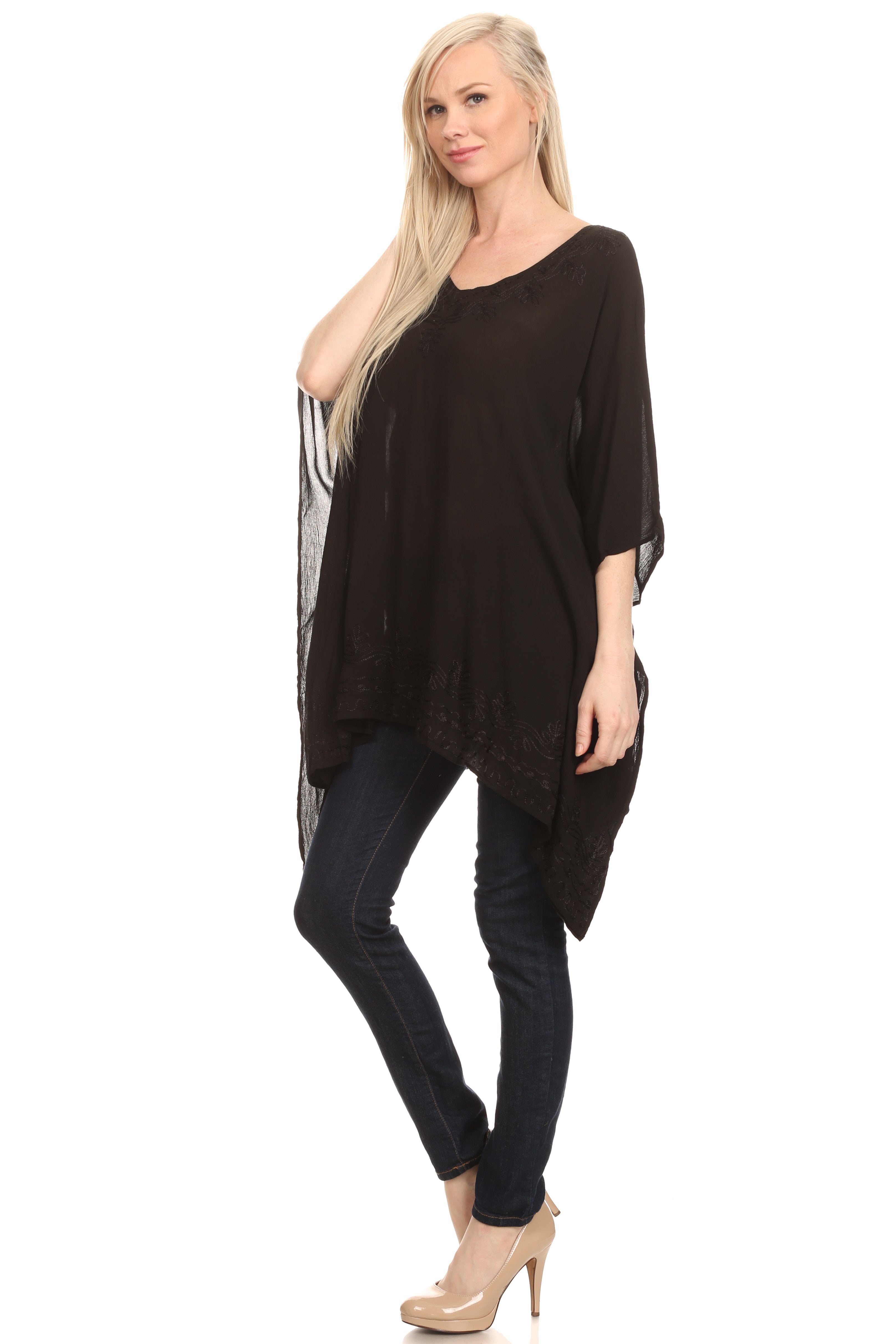 Sakkas - Wren Lightweight Circle Poncho Top Blouse With Detailed Embroidery