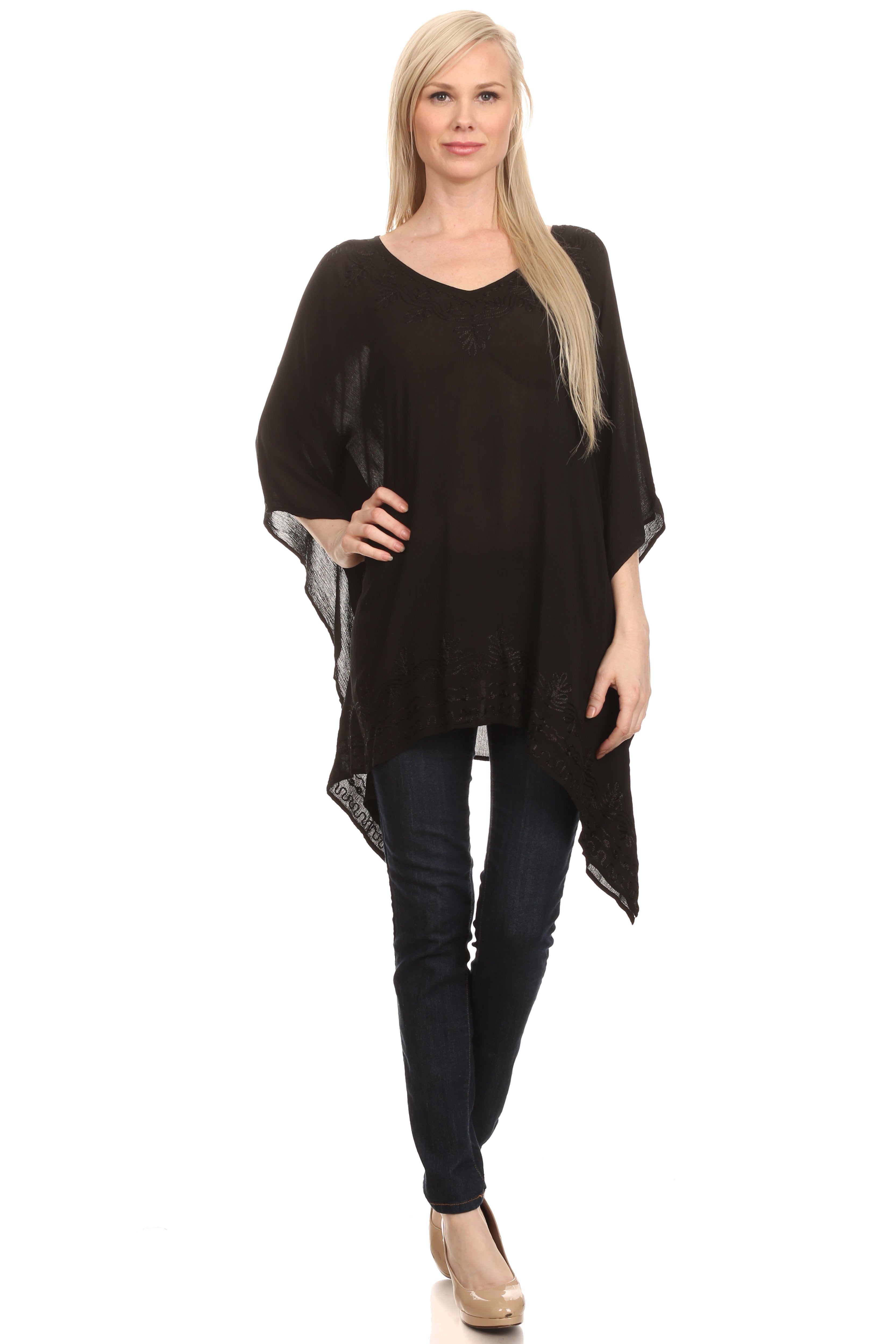 Sakkas - Wren Lightweight Circle Poncho Top Blouse With Detailed Embroidery