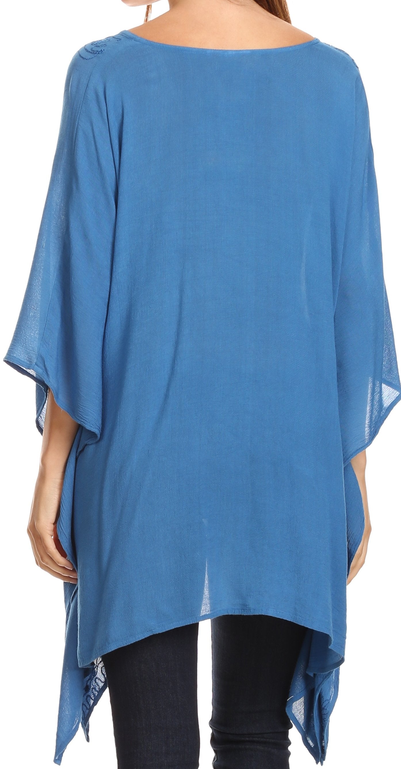 Sakkas - Wren Lightweight Circle Poncho Top Blouse With Detailed Embroidery