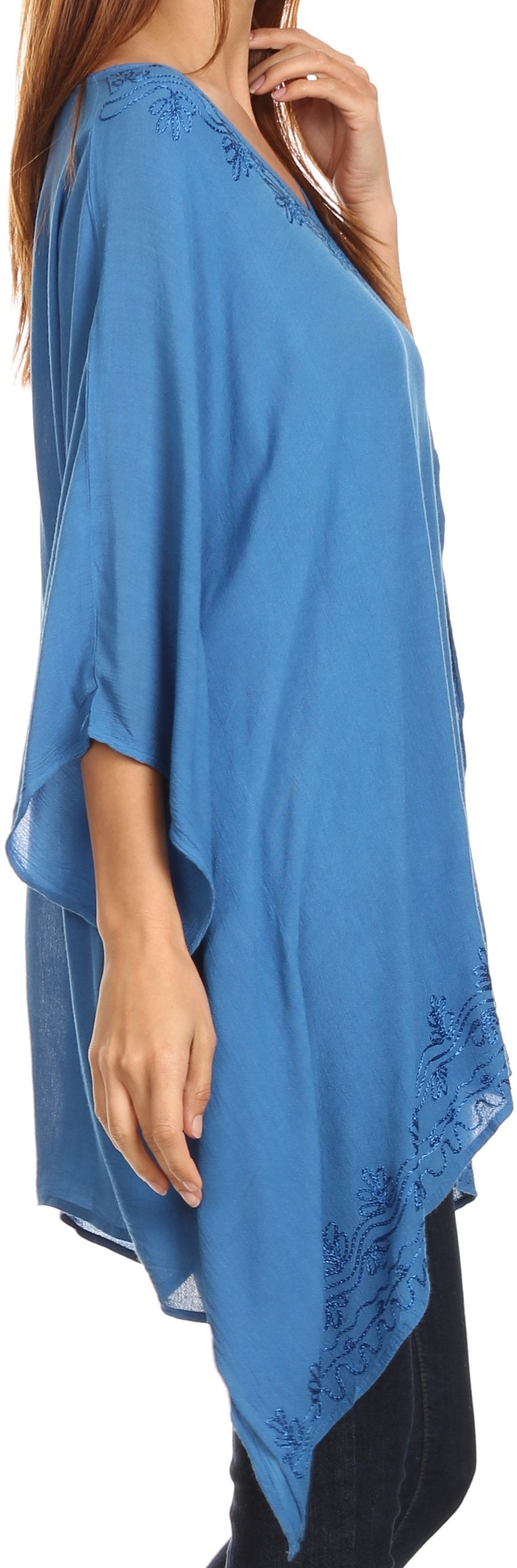 Sakkas - Wren Lightweight Circle Poncho Top Blouse With Detailed Embroidery