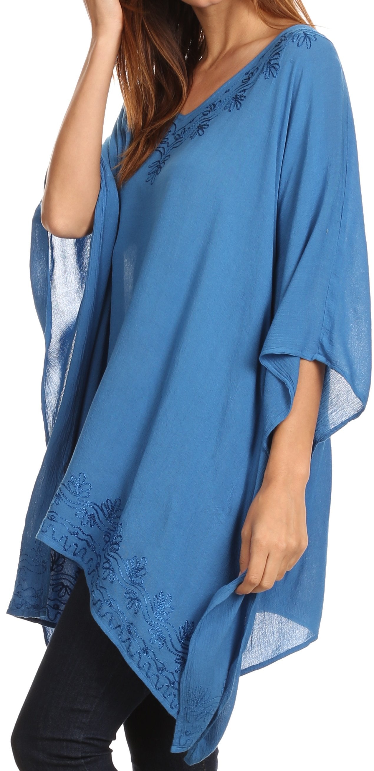 Sakkas - Wren Lightweight Circle Poncho Top Blouse With Detailed Embroidery
