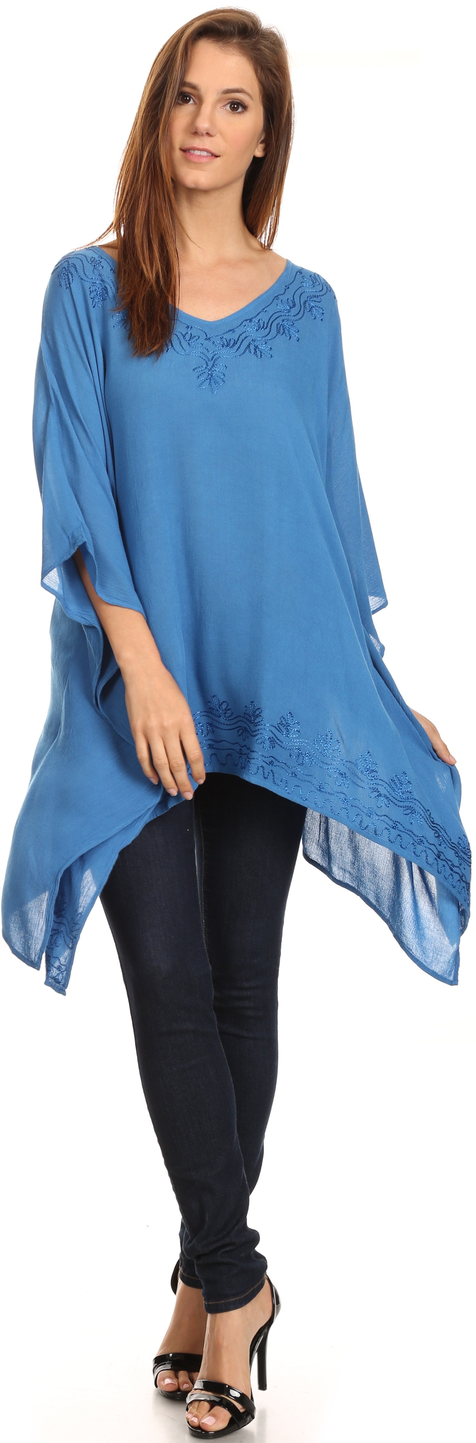 Sakkas - Wren Lightweight Circle Poncho Top Blouse With Detailed Embroidery