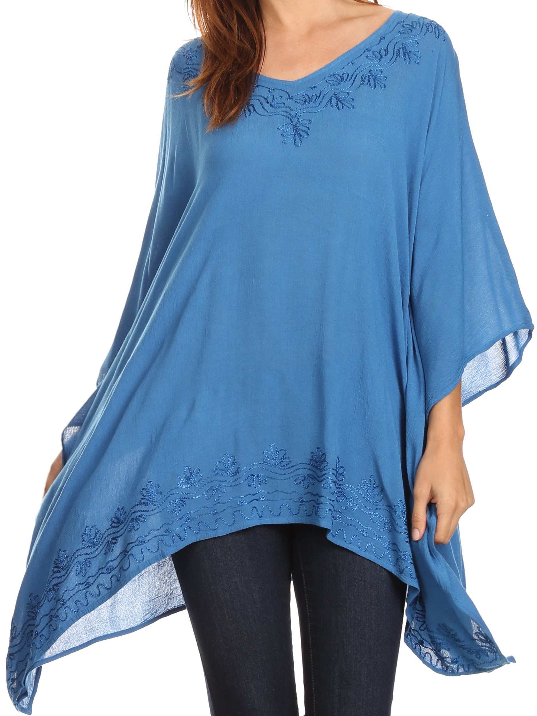 Sakkas - Wren Lightweight Circle Poncho Top Blouse With Detailed Embroidery