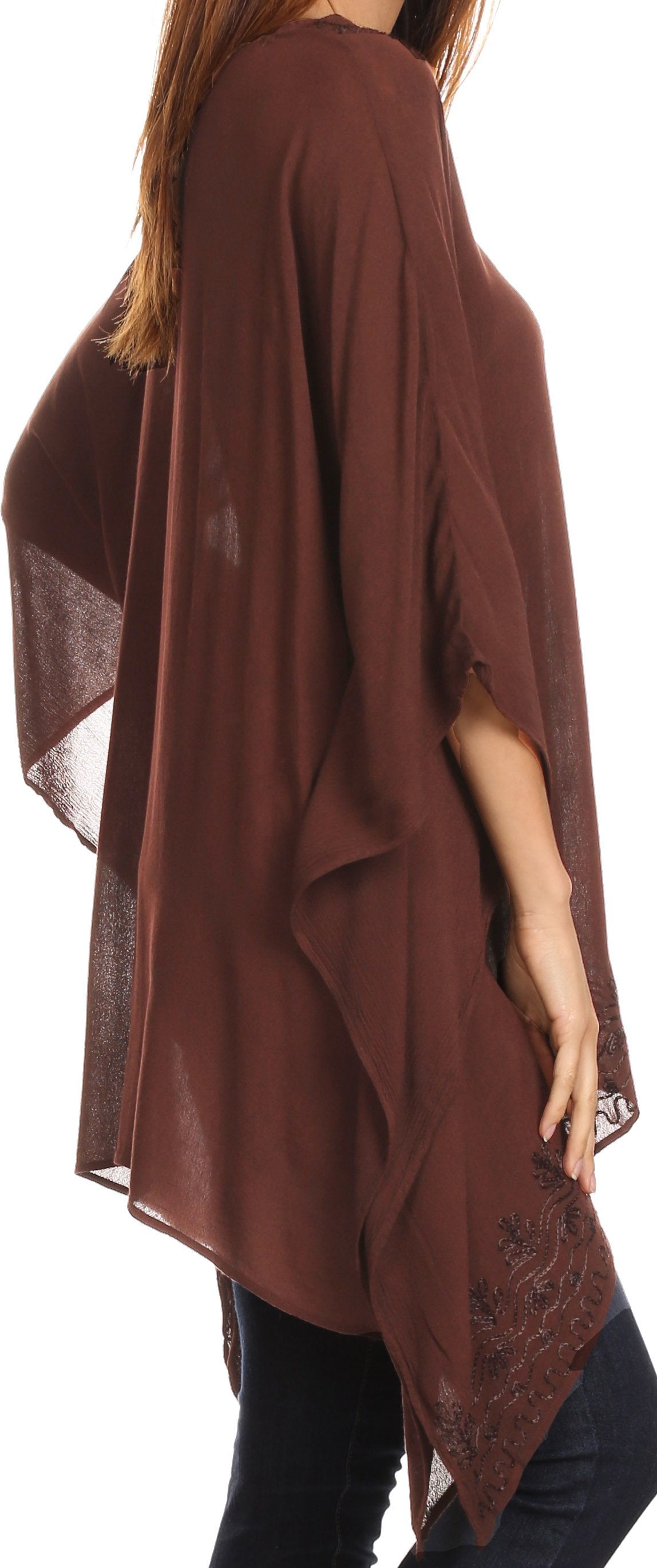 Sakkas - Wren Lightweight Circle Poncho Top Blouse With Detailed Embroidery