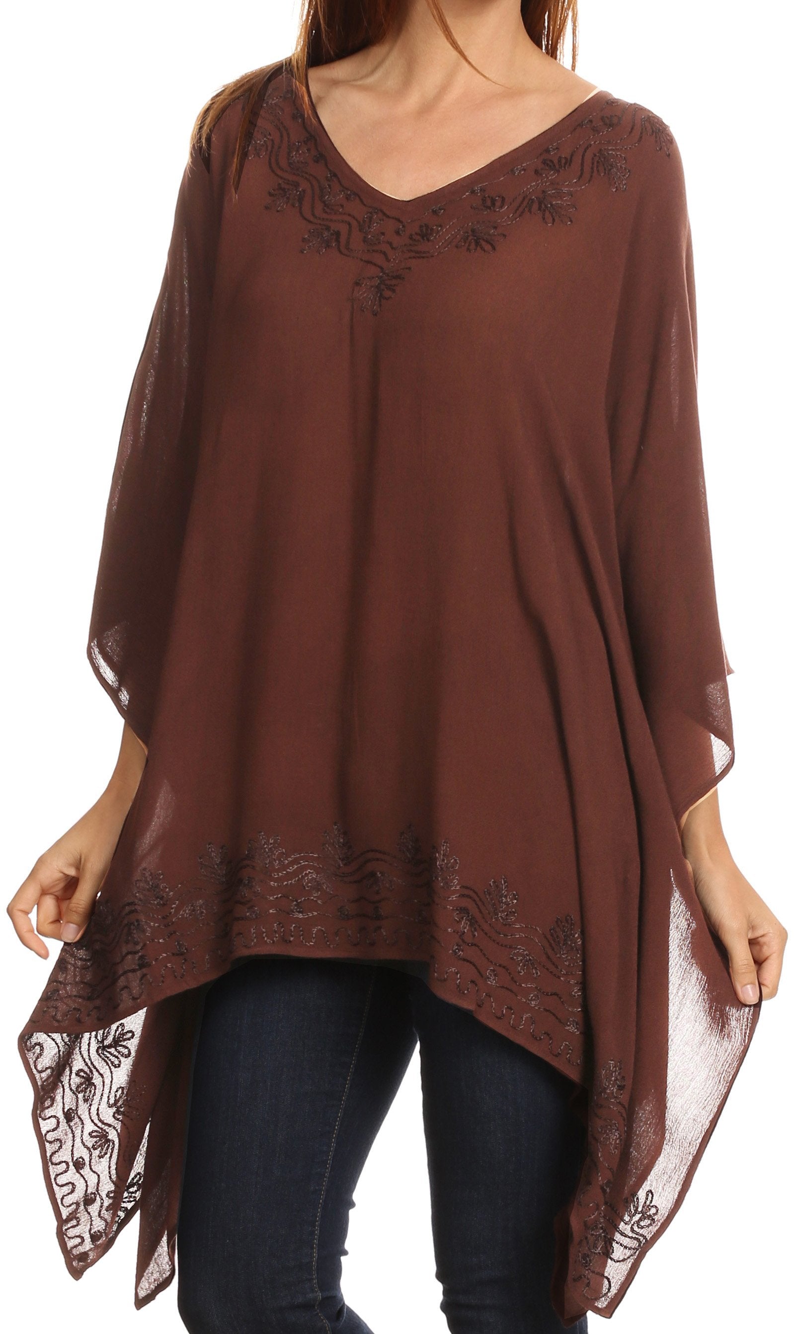 Sakkas - Wren Lightweight Circle Poncho Top Blouse With Detailed Embroidery