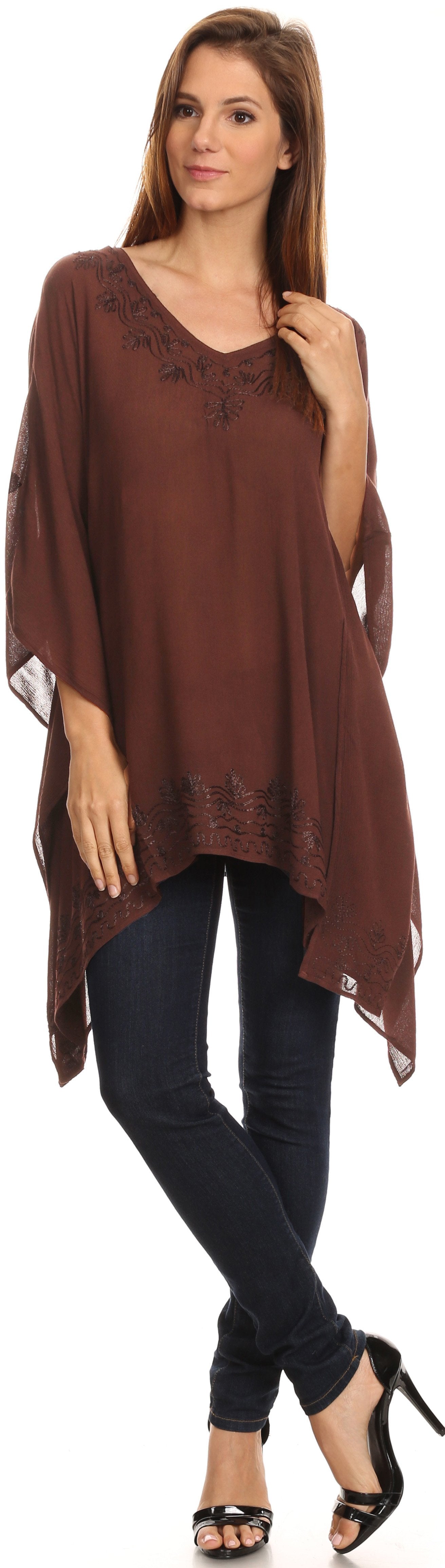Sakkas - Wren Lightweight Circle Poncho Top Blouse With Detailed Embroidery
