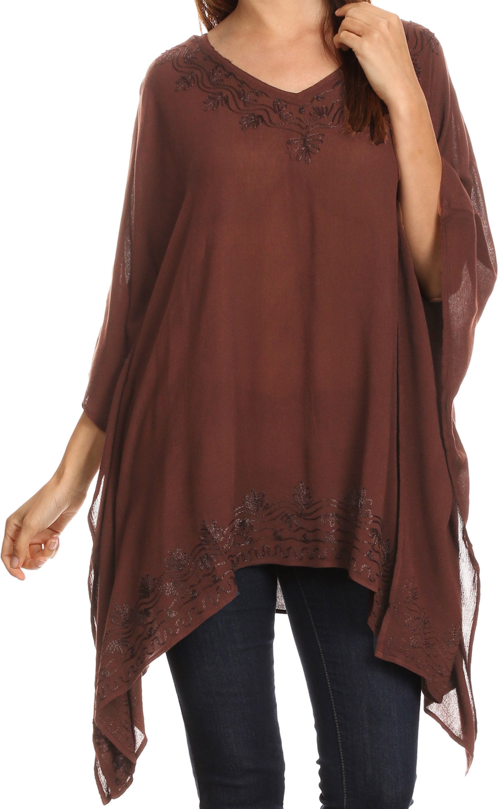 Sakkas - Wren Lightweight Circle Poncho Top Blouse With Detailed Embroidery