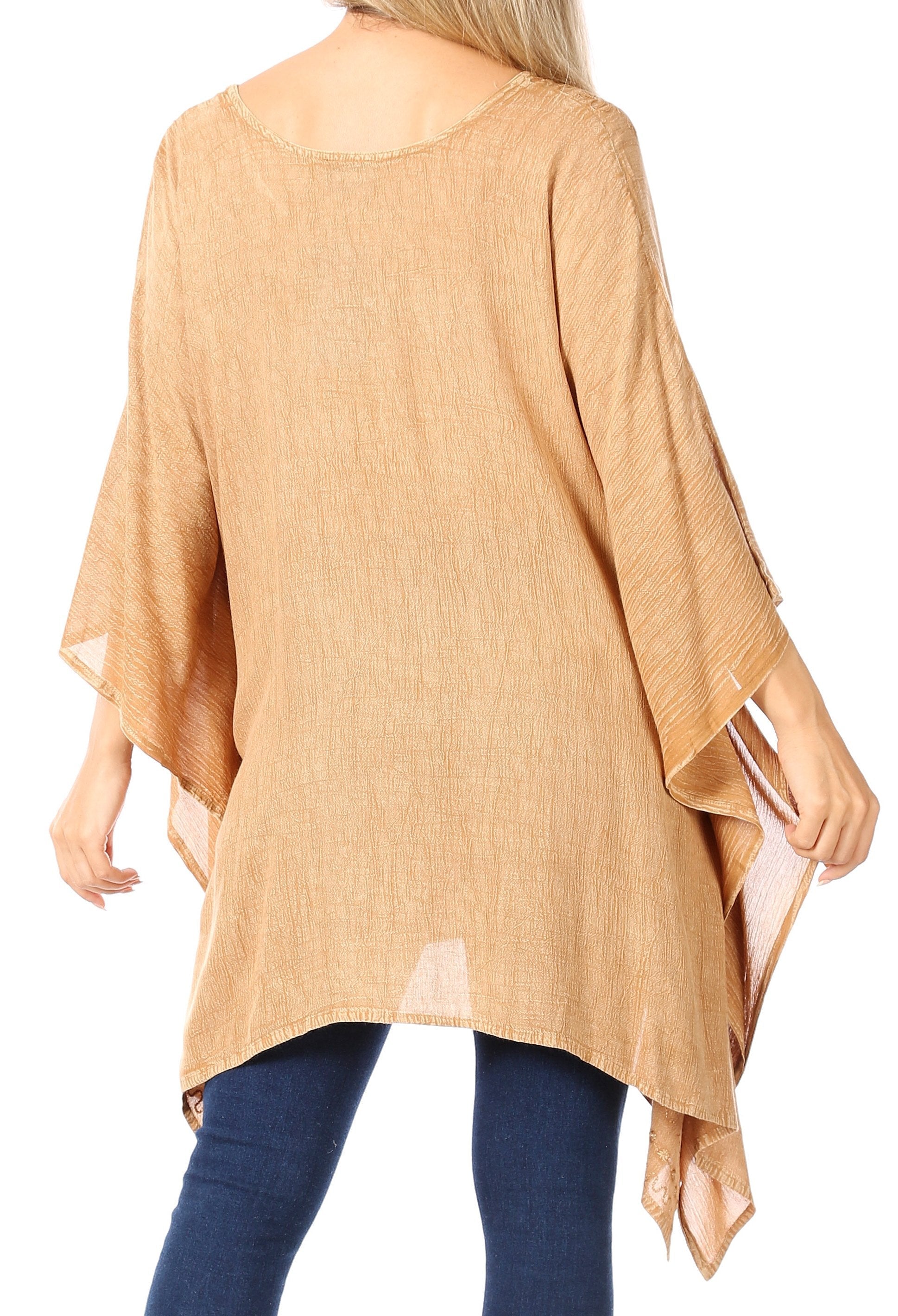 Sakkas - Wren Lightweight Circle Poncho Top Blouse With Detailed Embroidery