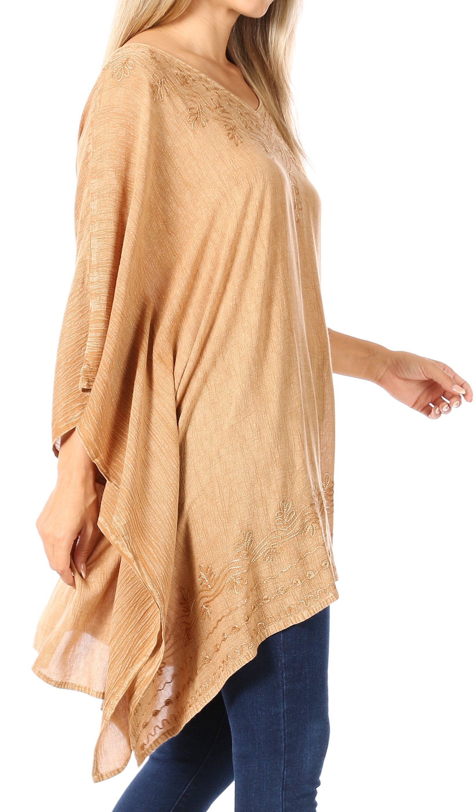 Sakkas - Wren Lightweight Circle Poncho Top Blouse With Detailed Embroidery
