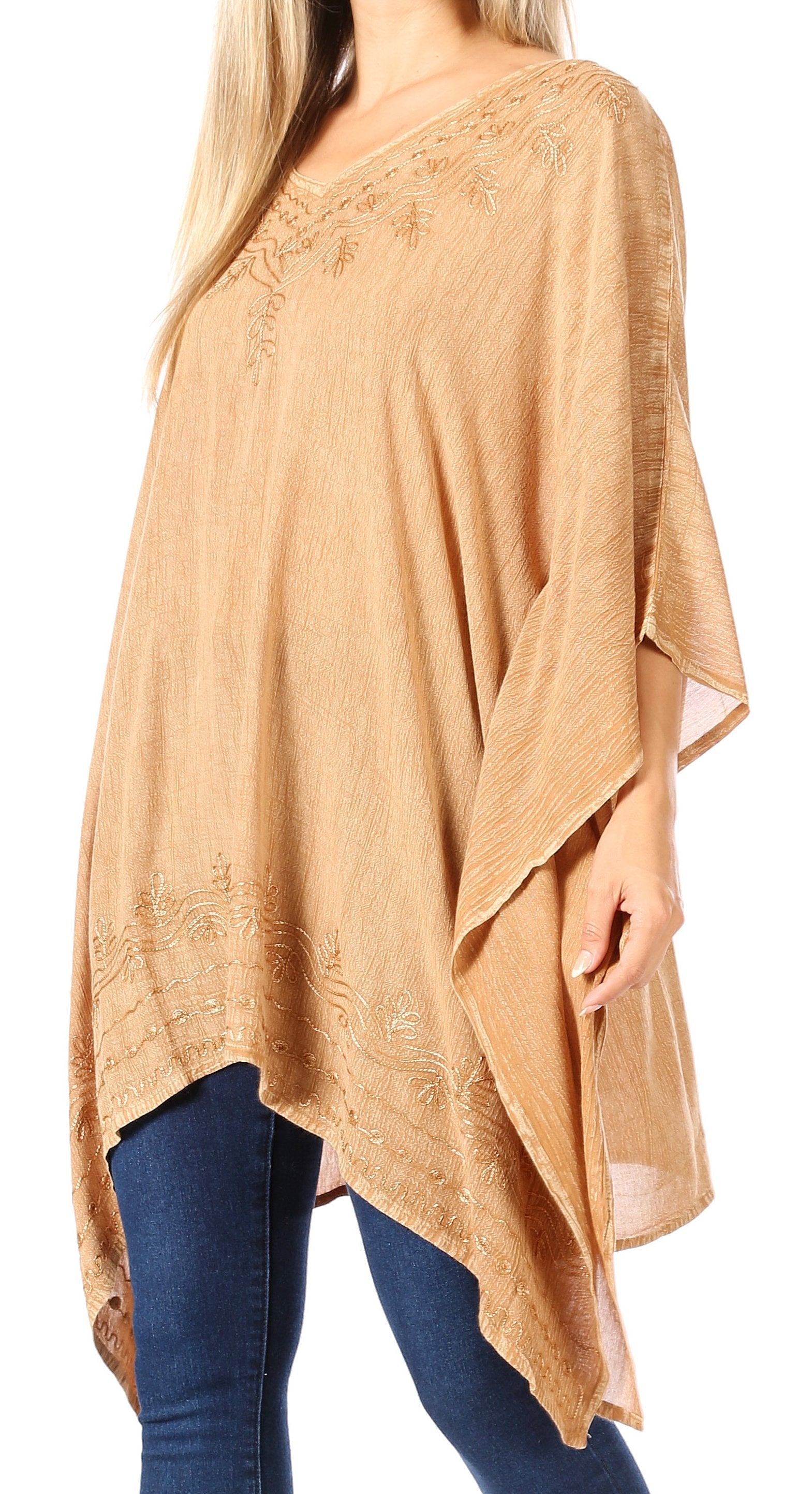 Sakkas - Wren Lightweight Circle Poncho Top Blouse With Detailed Embroidery