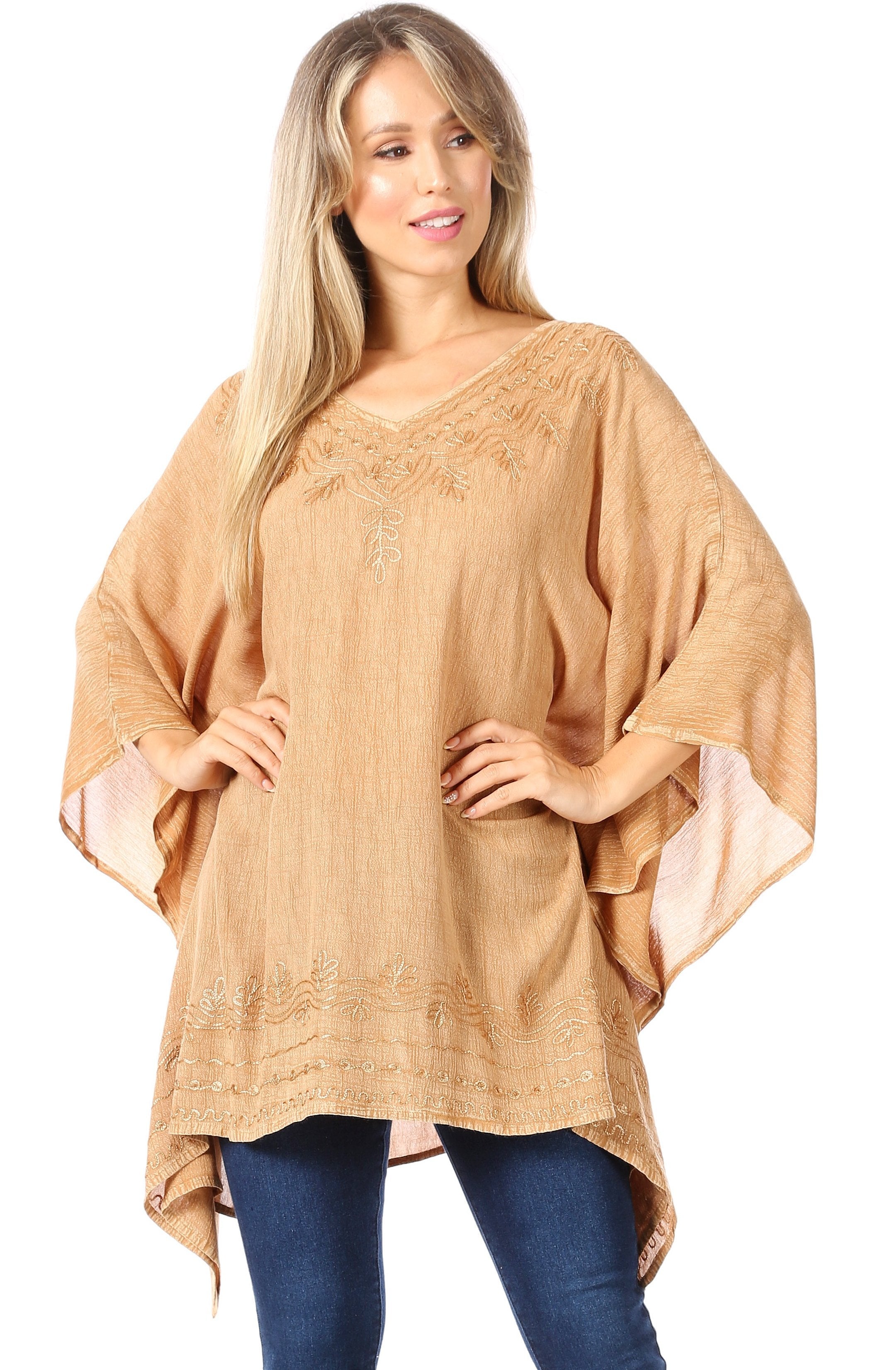 Sakkas - Wren Lightweight Circle Poncho Top Blouse With Detailed Embroidery
