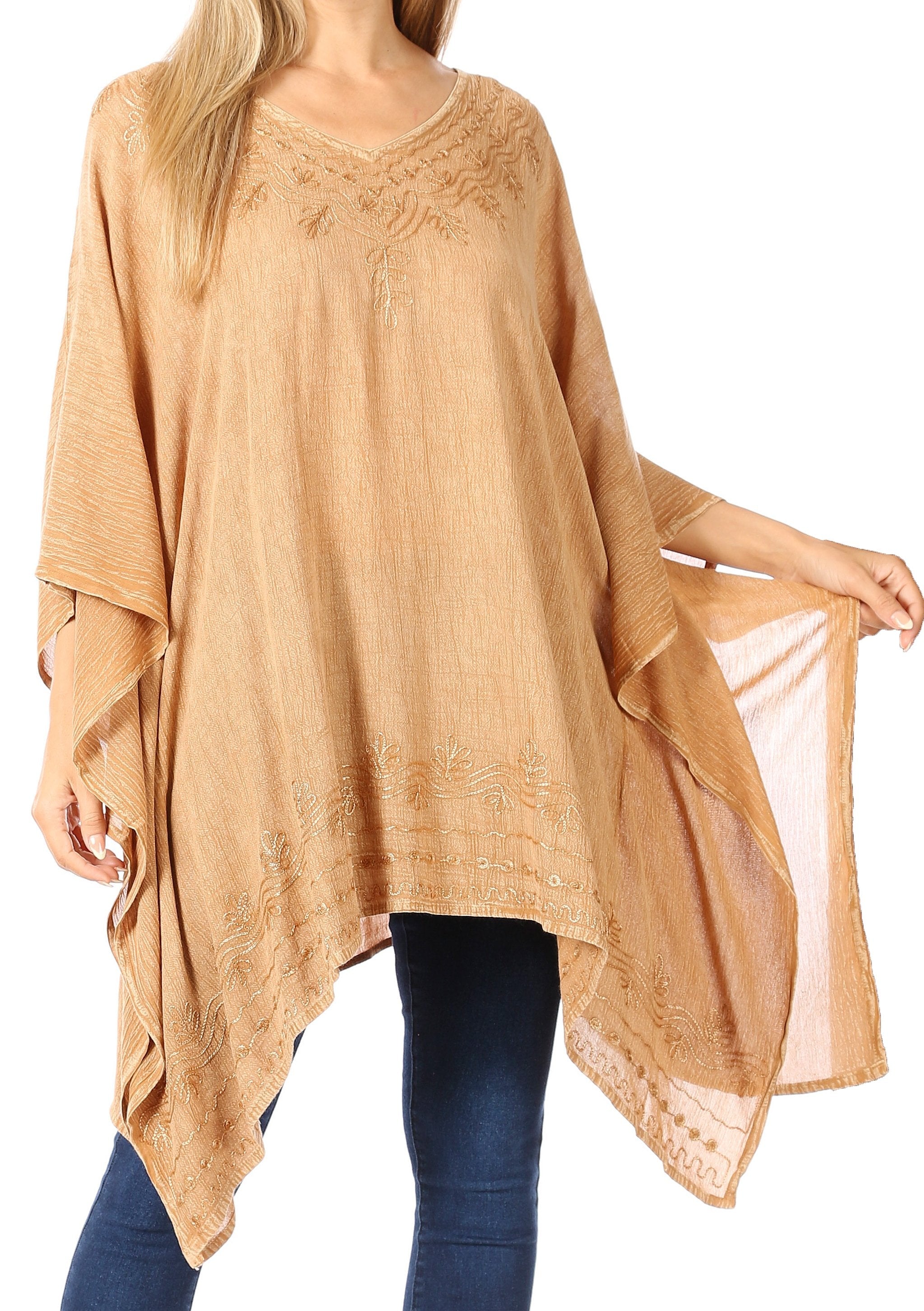 Sakkas - Wren Lightweight Circle Poncho Top Blouse With Detailed Embroidery