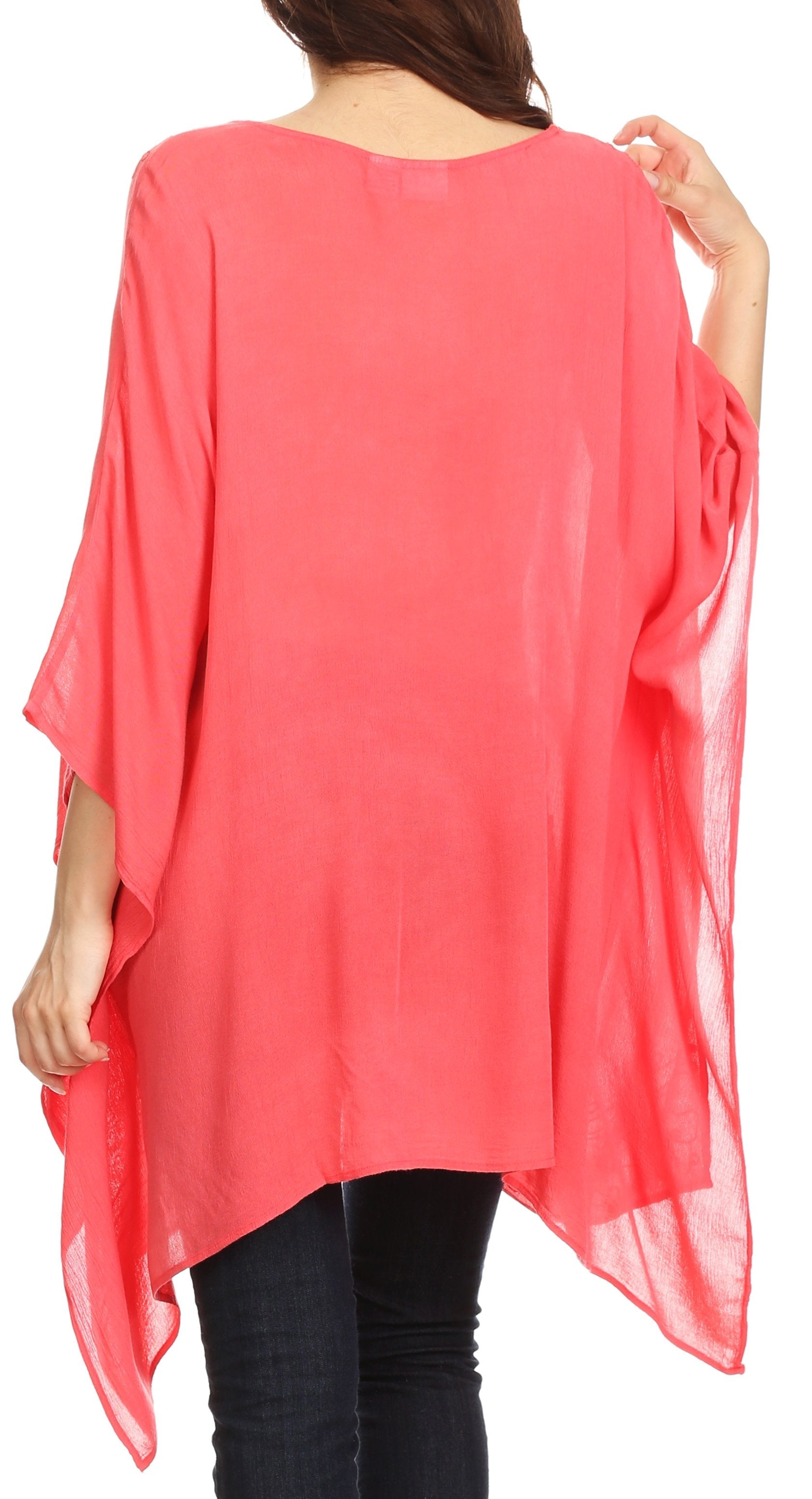 Sakkas - Wren Lightweight Circle Poncho Top Blouse With Detailed Embroidery