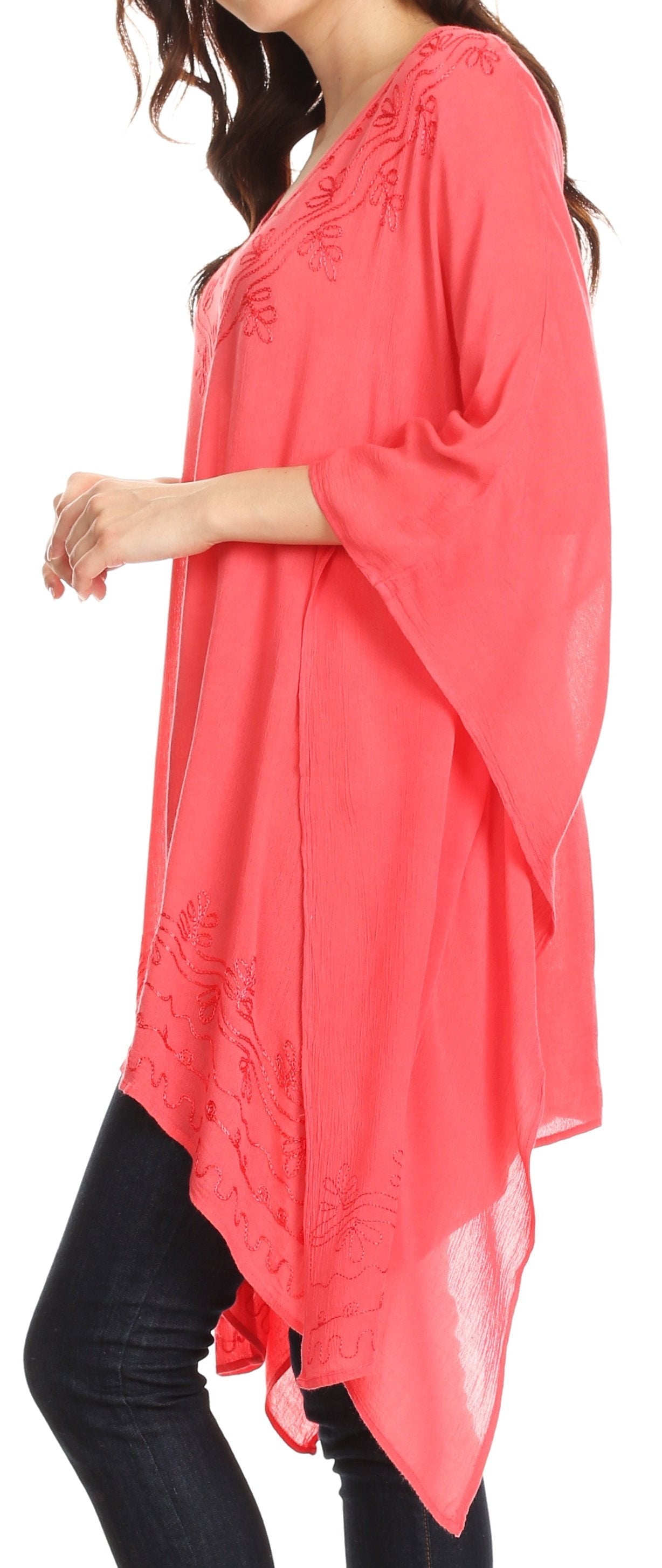 Sakkas - Wren Lightweight Circle Poncho Top Blouse With Detailed Embroidery