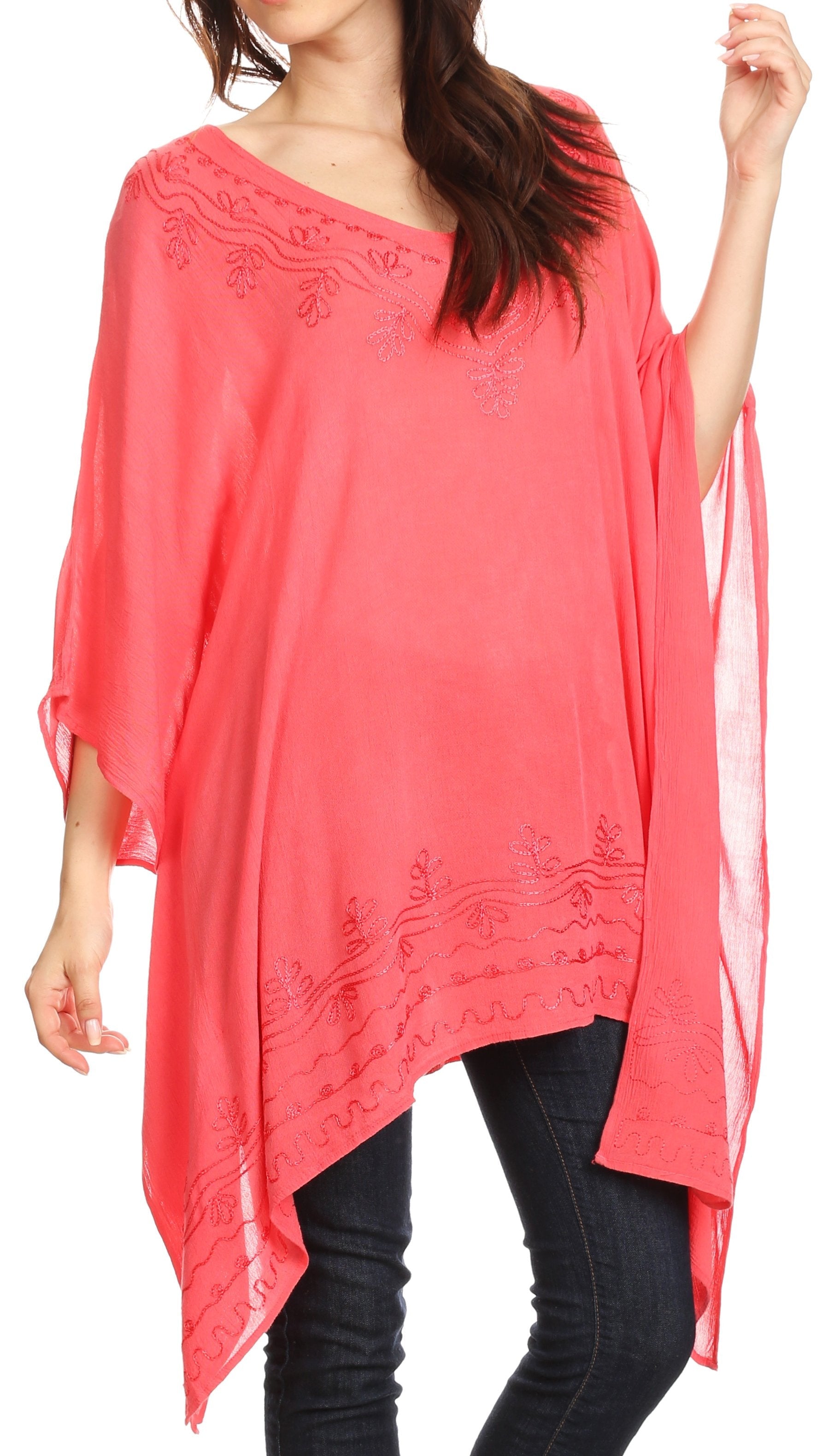 Sakkas - Wren Lightweight Circle Poncho Top Blouse With Detailed Embroidery
