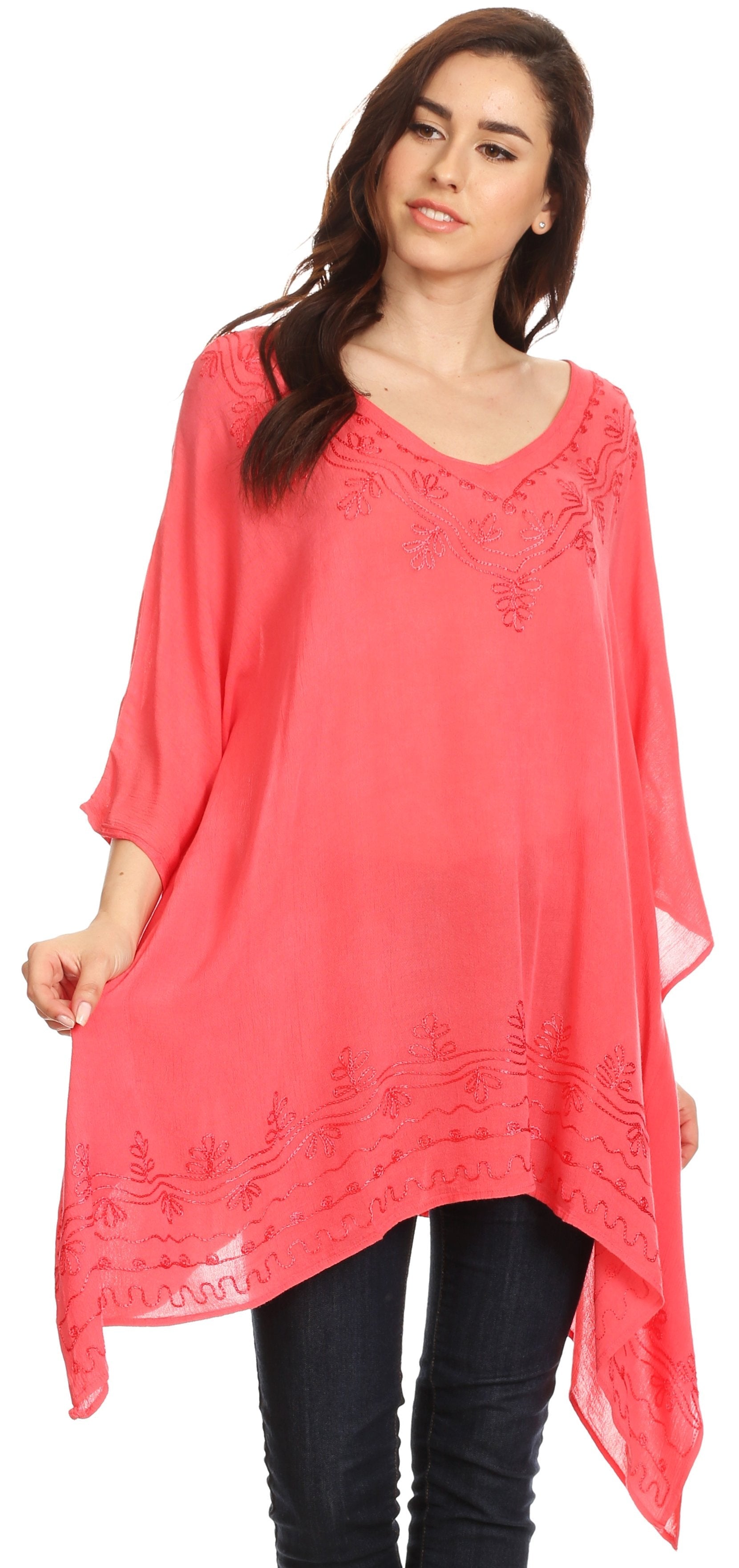 Sakkas - Wren Lightweight Circle Poncho Top Blouse With Detailed Embroidery