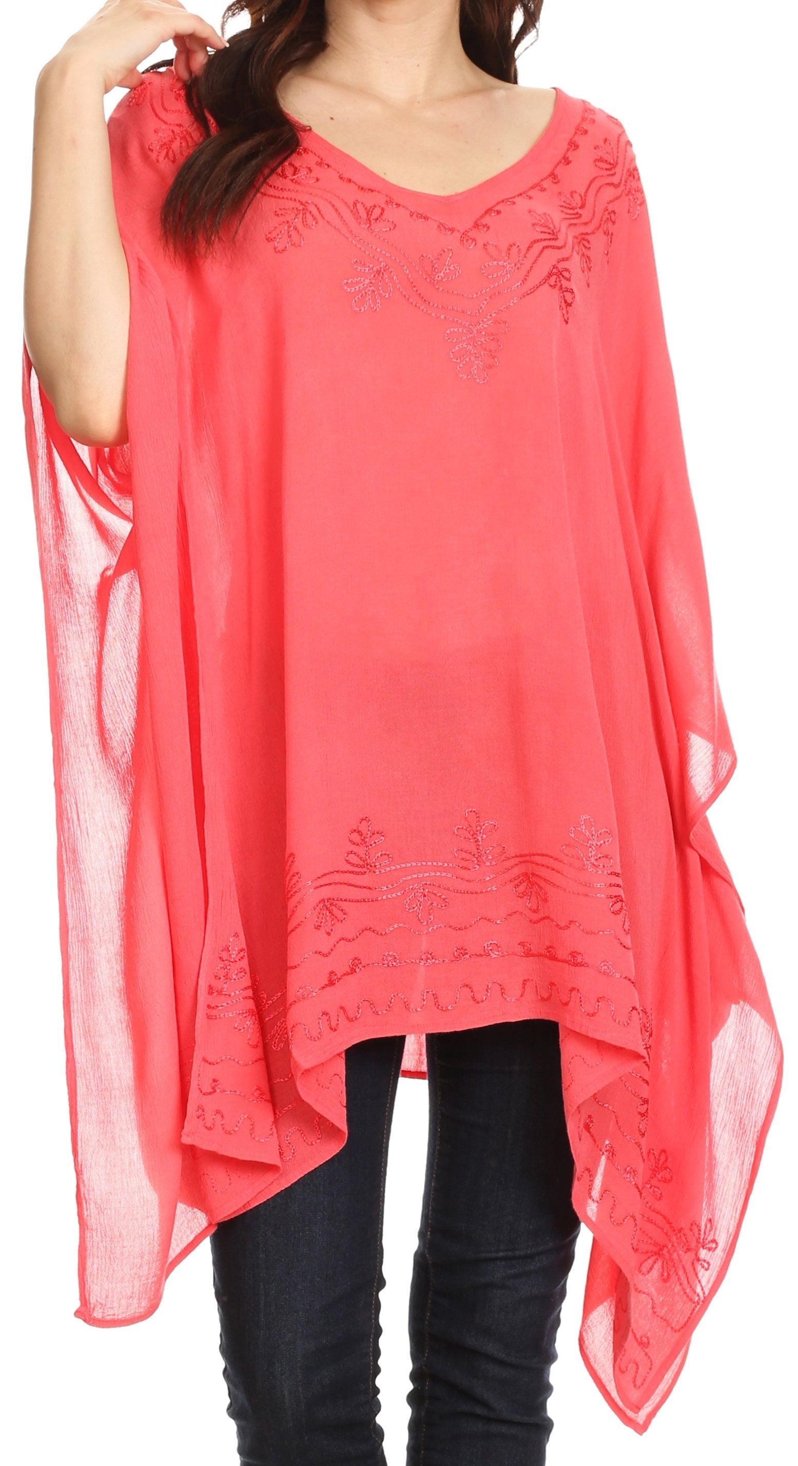 Sakkas - Wren Lightweight Circle Poncho Top Blouse With Detailed Embroidery
