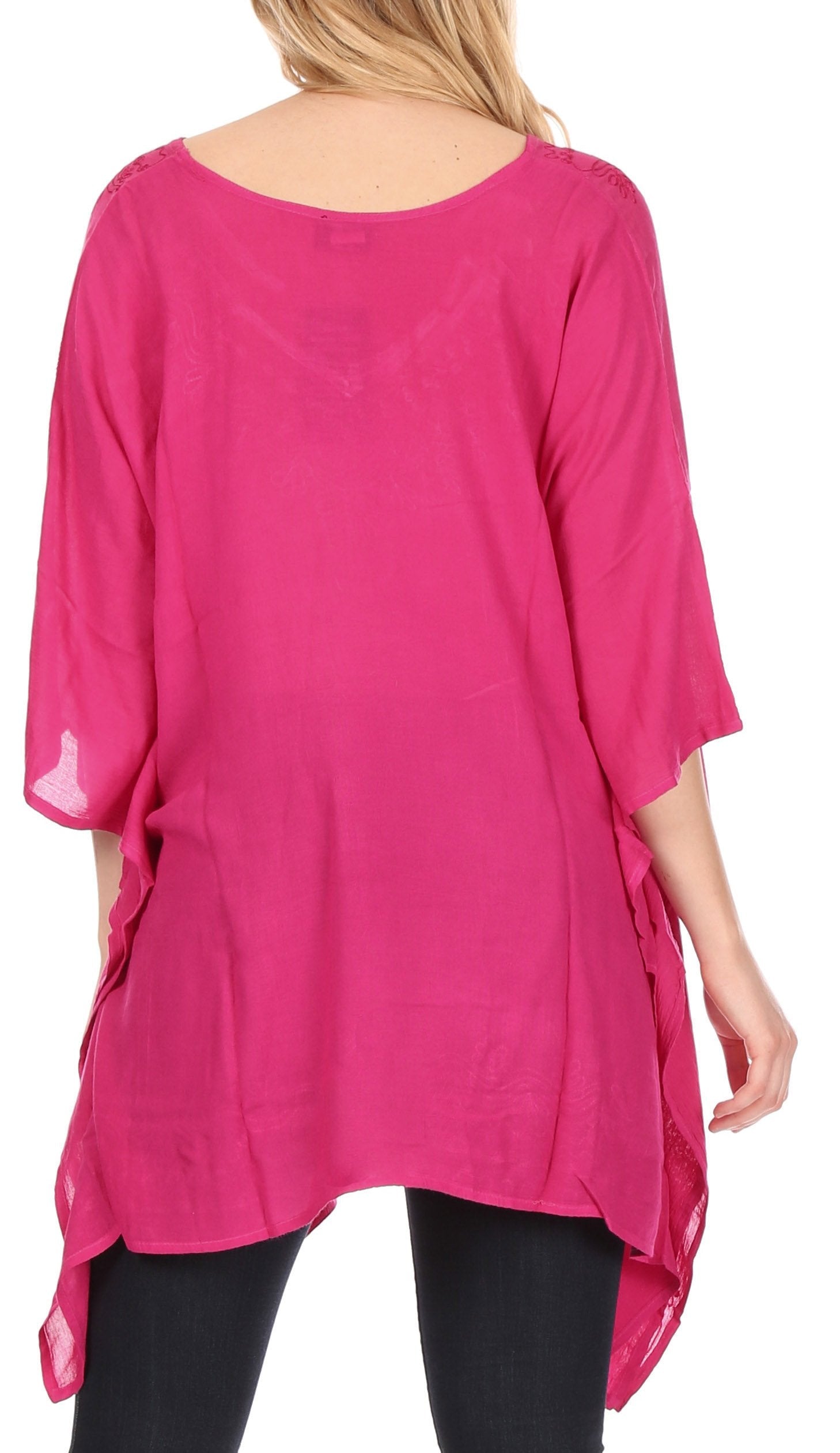 Sakkas - Wren Lightweight Circle Poncho Top Blouse With Detailed Embroidery