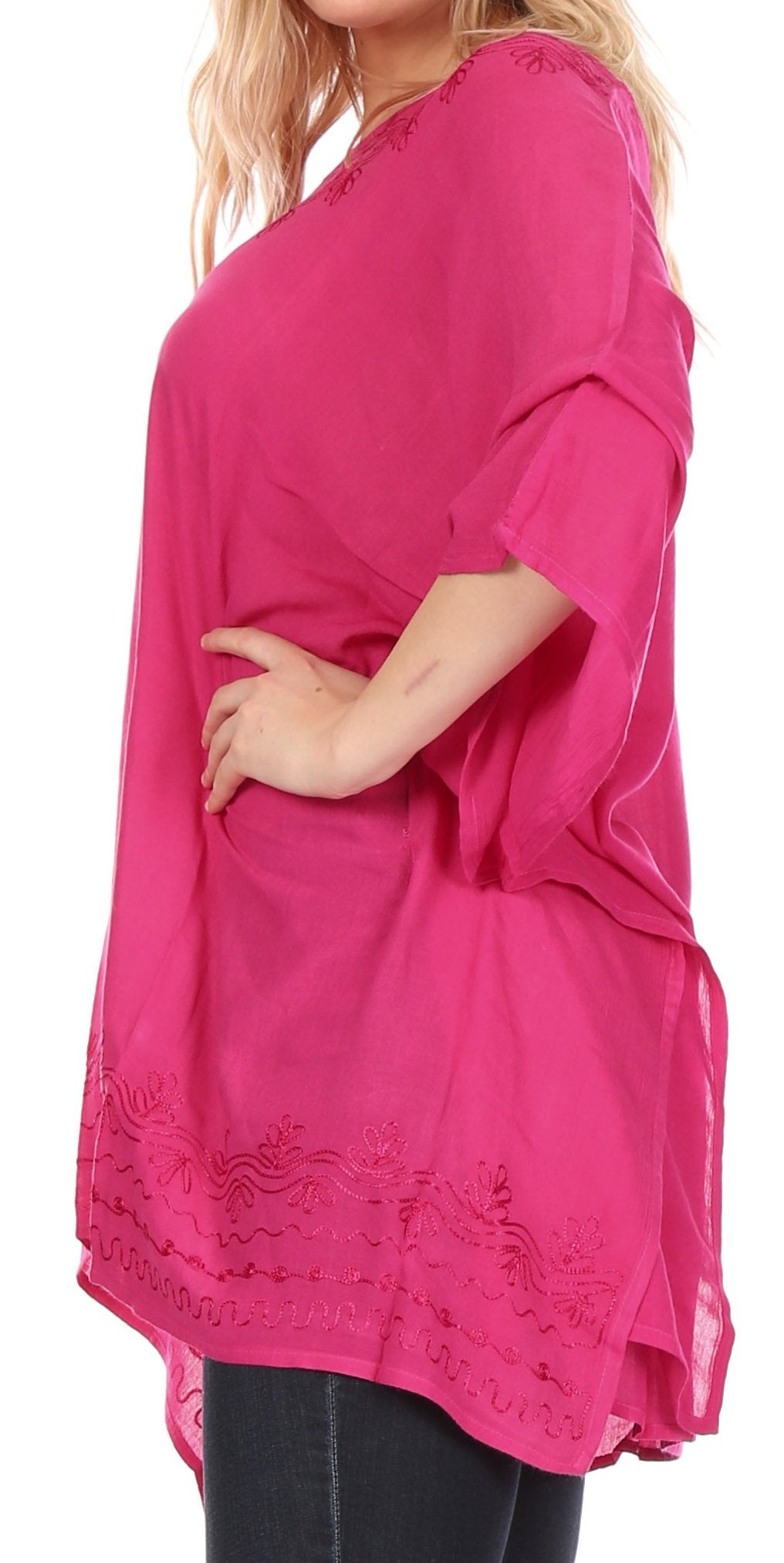 Sakkas - Wren Lightweight Circle Poncho Top Blouse With Detailed Embroidery