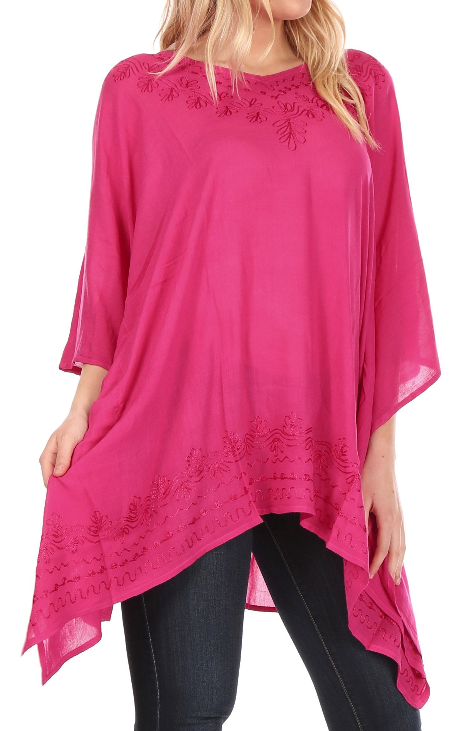 Sakkas - Wren Lightweight Circle Poncho Top Blouse With Detailed Embroidery