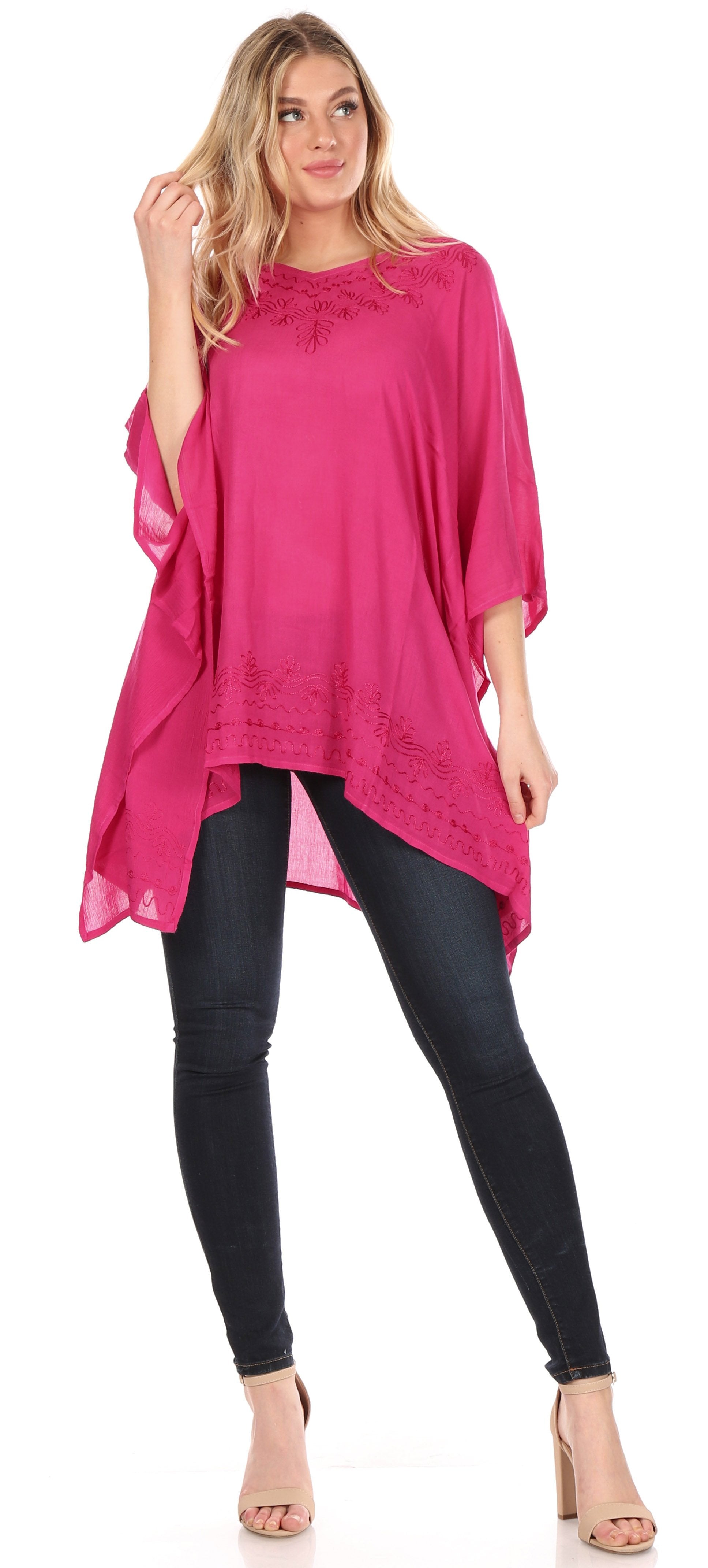 Sakkas - Wren Lightweight Circle Poncho Top Blouse With Detailed Embroidery