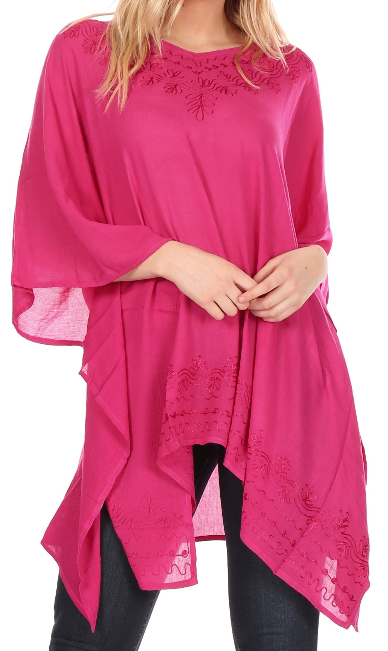 Sakkas - Wren Lightweight Circle Poncho Top Blouse With Detailed Embroidery