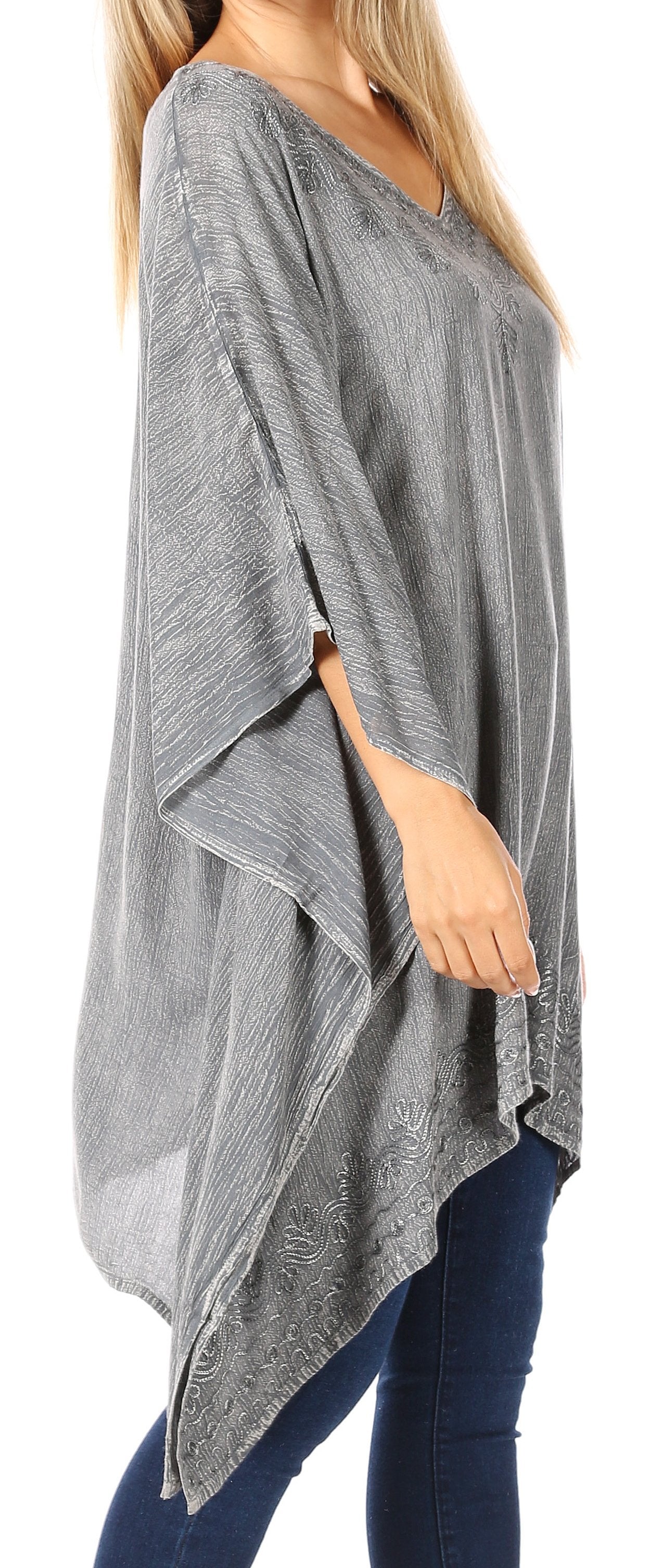 Sakkas - Wren Lightweight Circle Poncho Top Blouse With Detailed Embroidery
