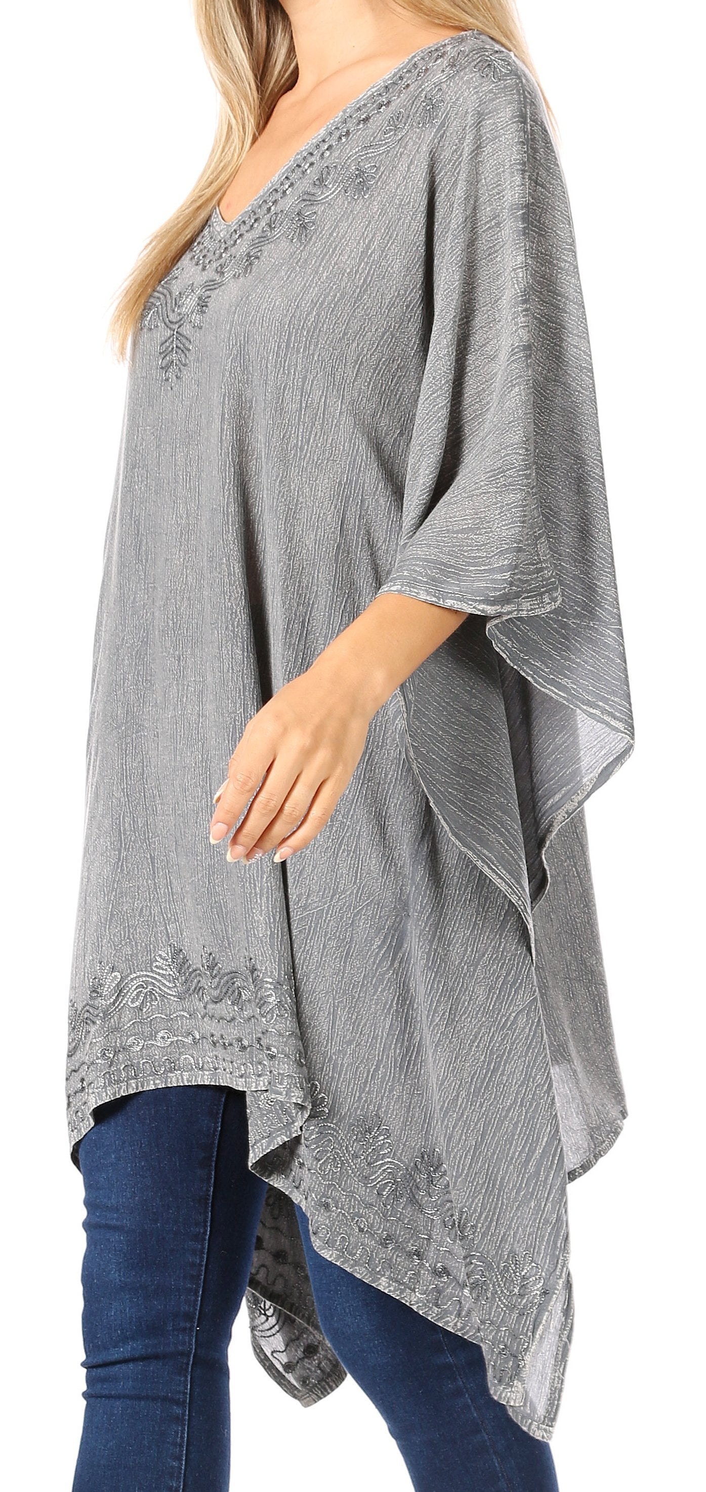 Sakkas - Wren Lightweight Circle Poncho Top Blouse With Detailed Embroidery