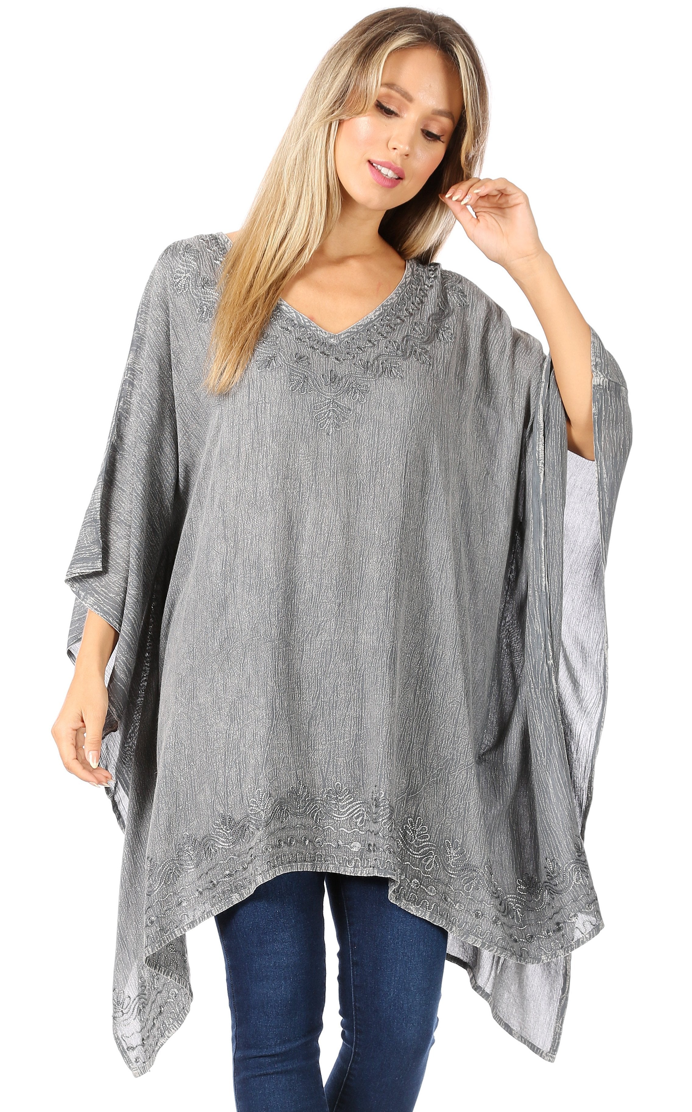 Sakkas - Wren Lightweight Circle Poncho Top Blouse With Detailed Embroidery