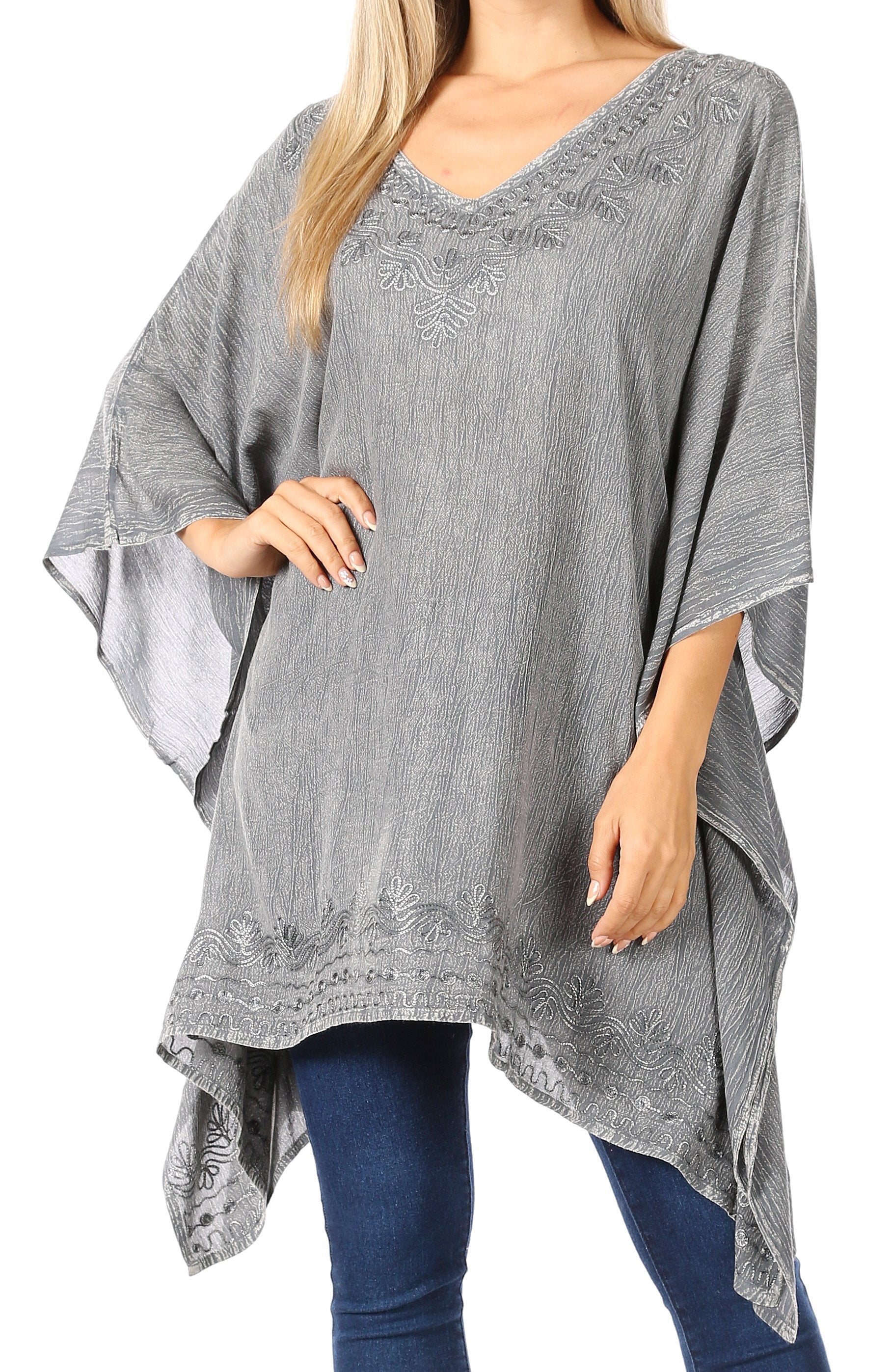 Sakkas - Wren Lightweight Circle Poncho Top Blouse With Detailed Embroidery