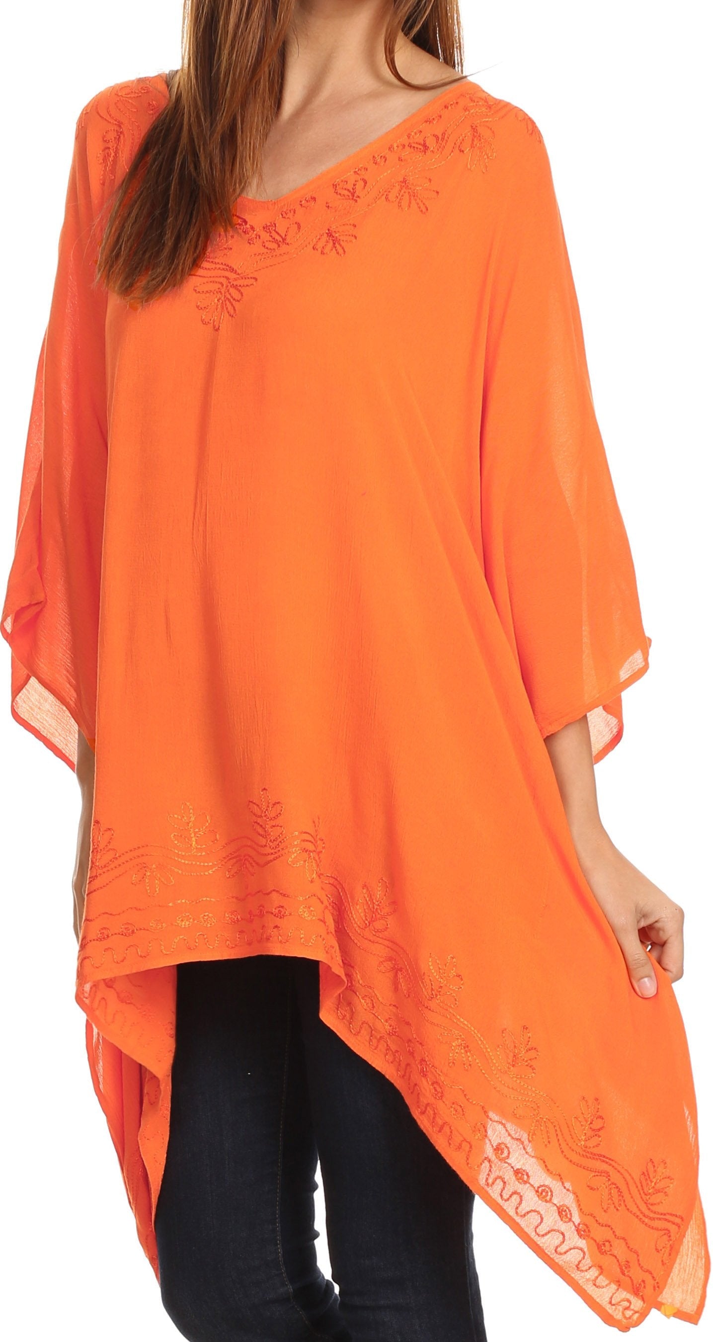 Sakkas - Wren Lightweight Circle Poncho Top Blouse With Detailed Embroidery