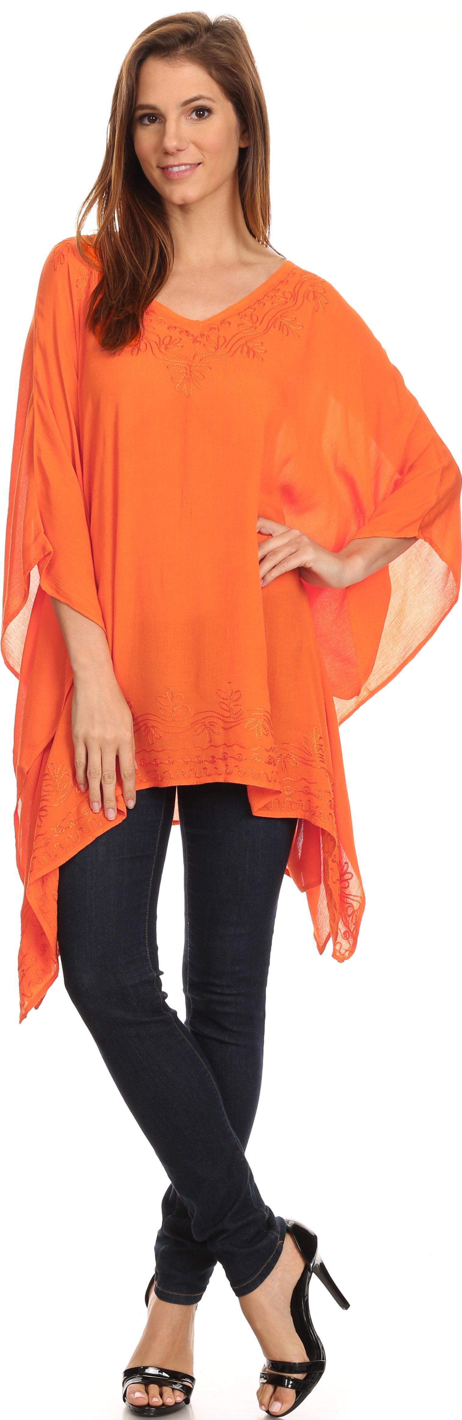 Sakkas - Wren Lightweight Circle Poncho Top Blouse With Detailed Embroidery