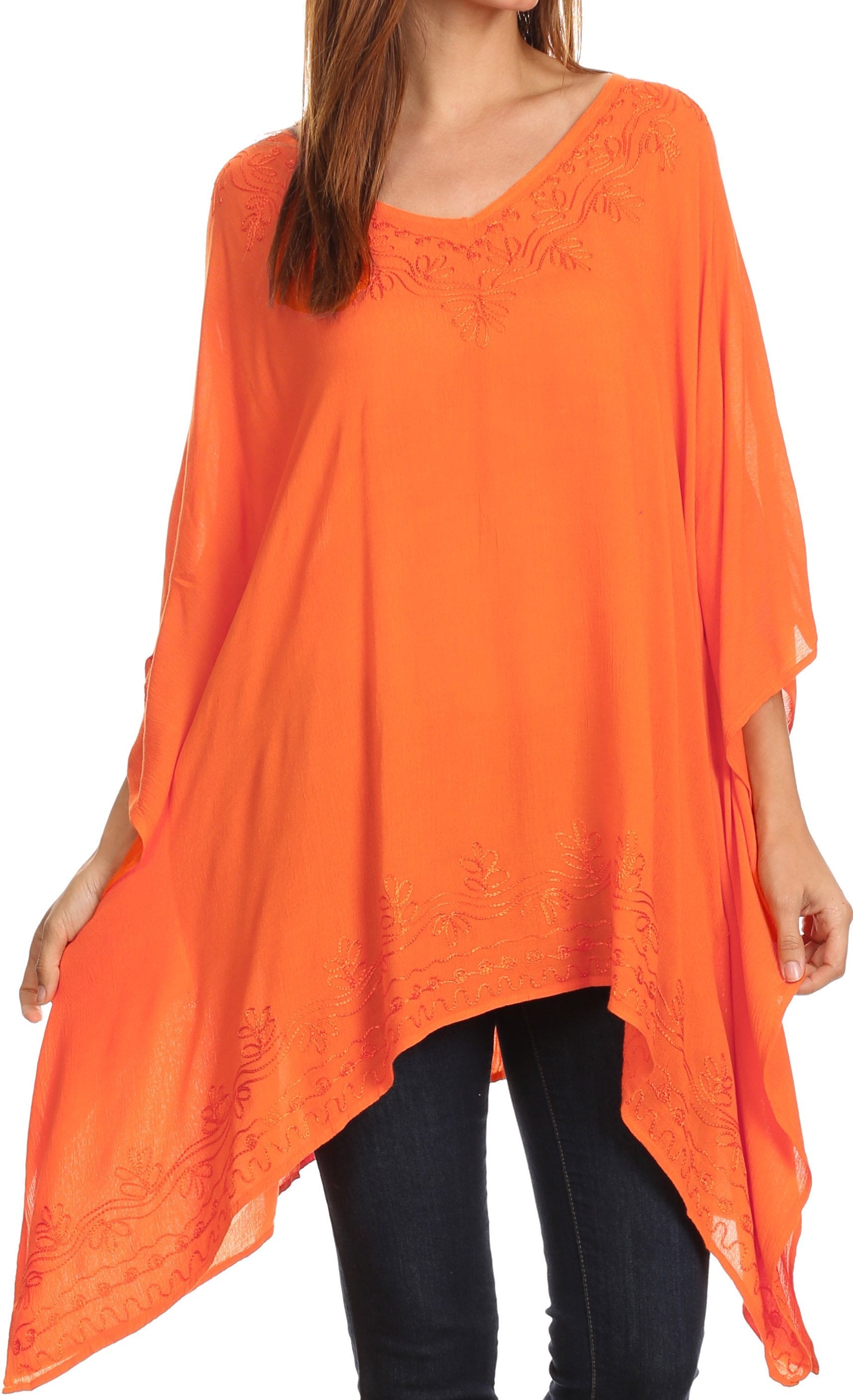 Sakkas - Wren Lightweight Circle Poncho Top Blouse With Detailed Embroidery