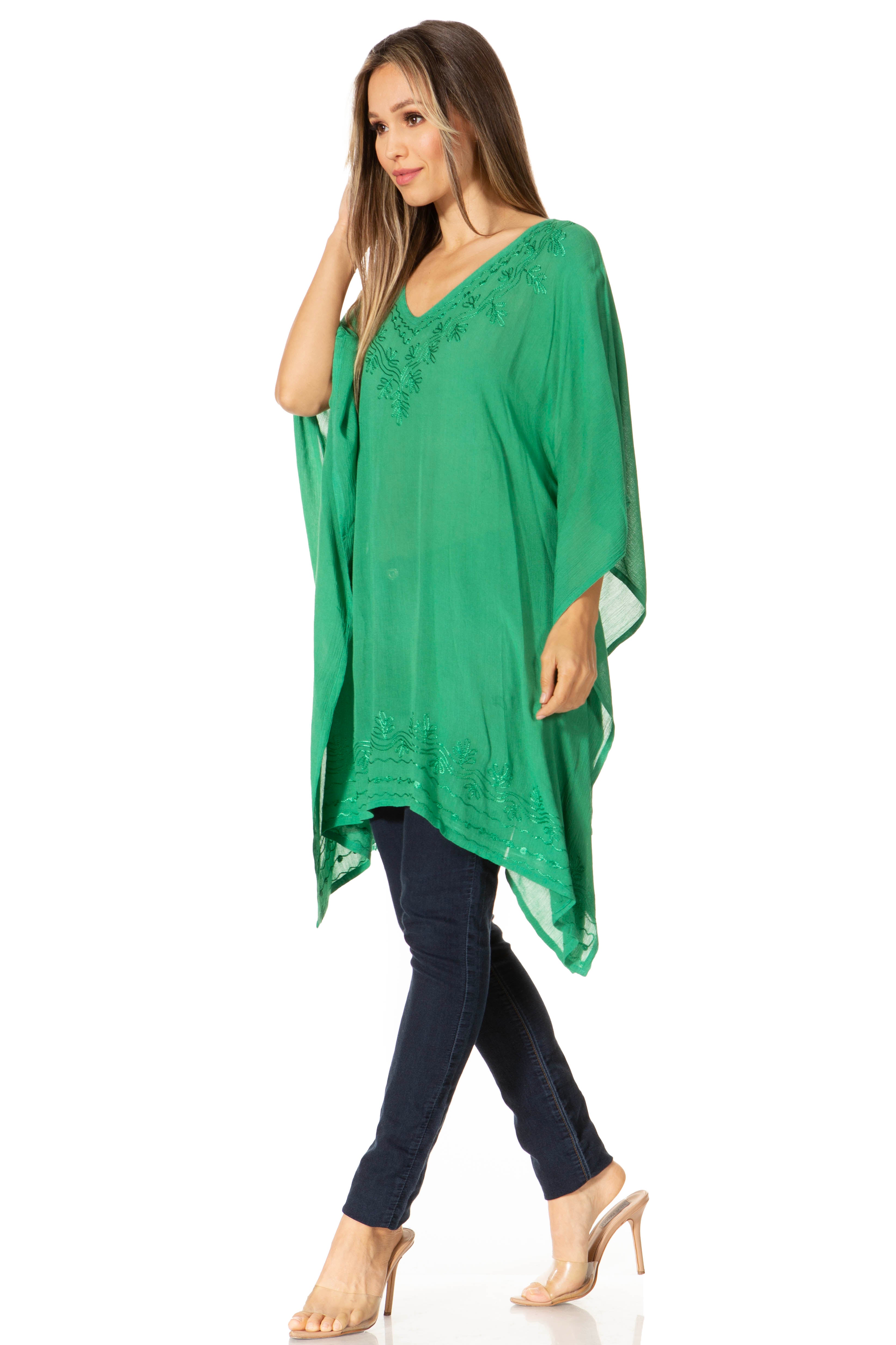 Sakkas - Wren Lightweight Circle Poncho Top Blouse With Detailed Embroidery