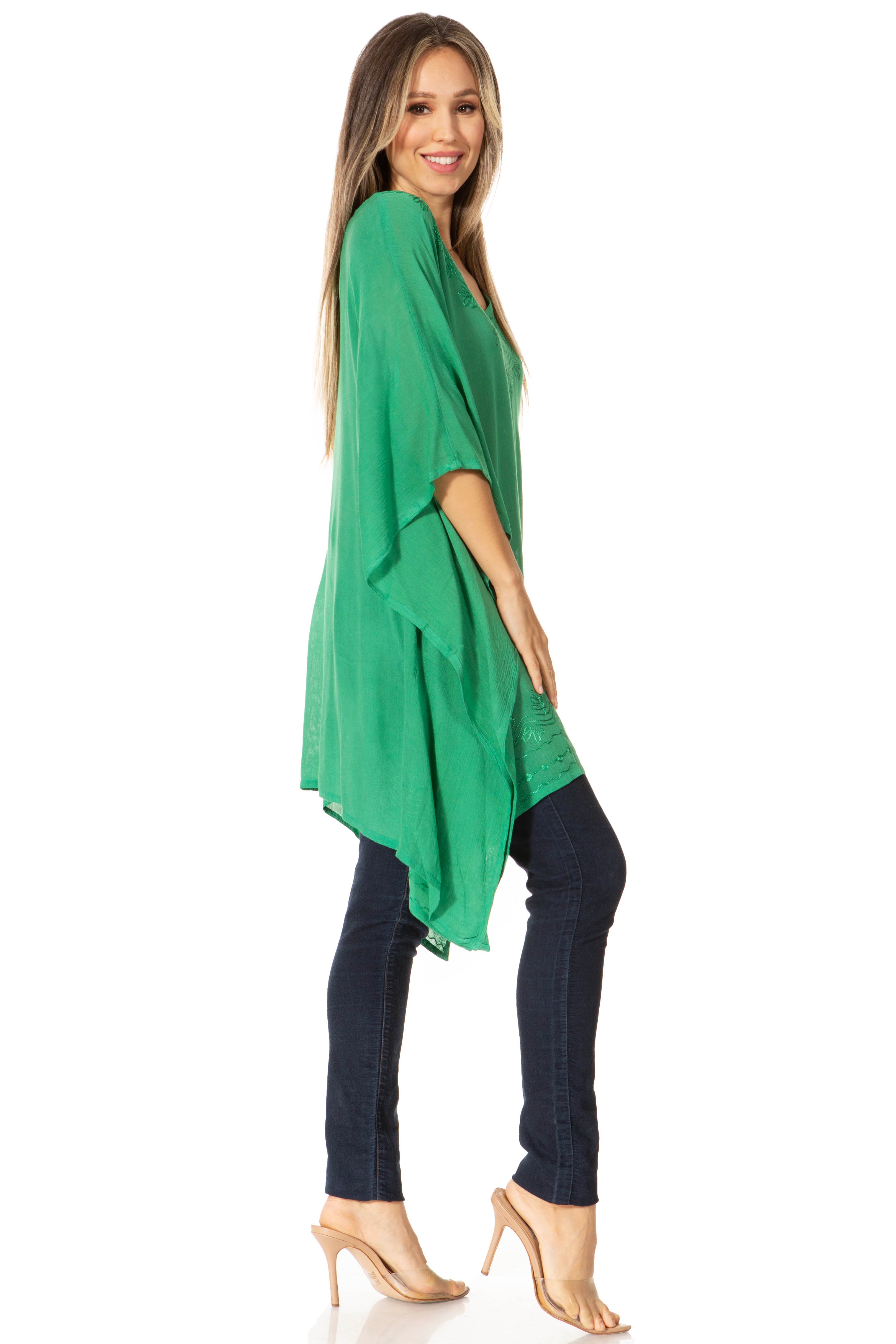 Sakkas - Wren Lightweight Circle Poncho Top Blouse With Detailed Embroidery