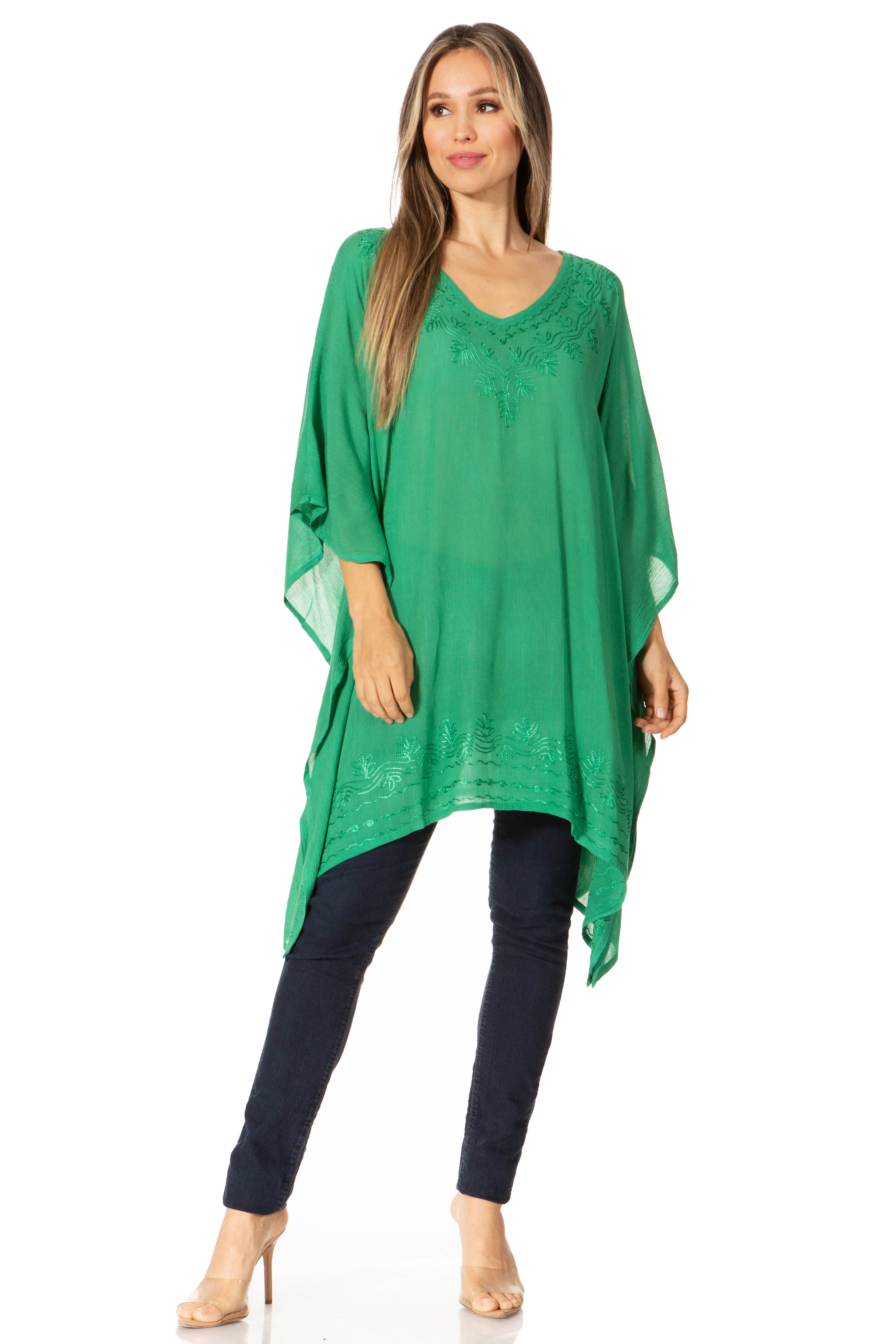 Sakkas - Wren Lightweight Circle Poncho Top Blouse With Detailed Embroidery
