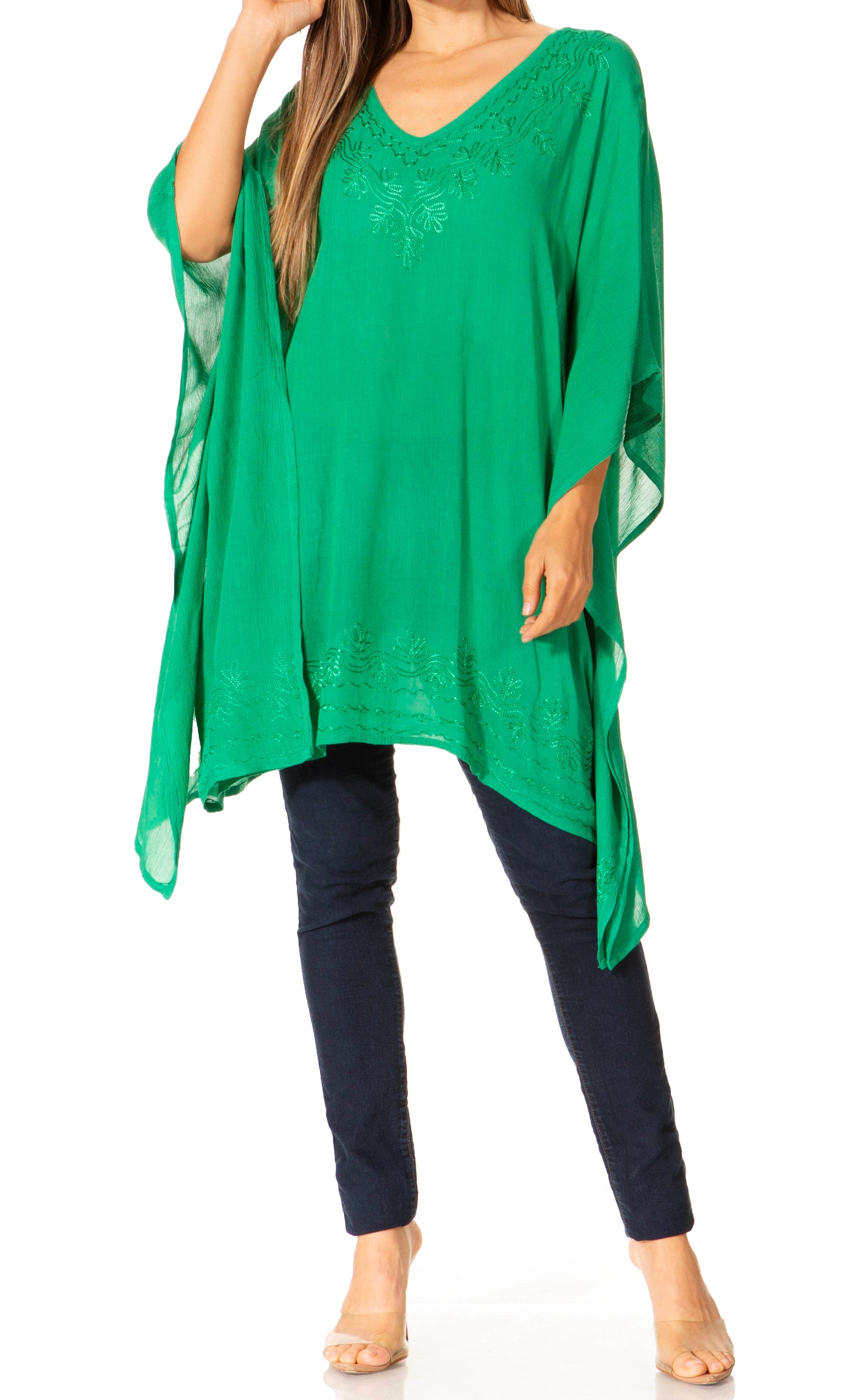 Sakkas - Wren Lightweight Circle Poncho Top Blouse With Detailed Embroidery
